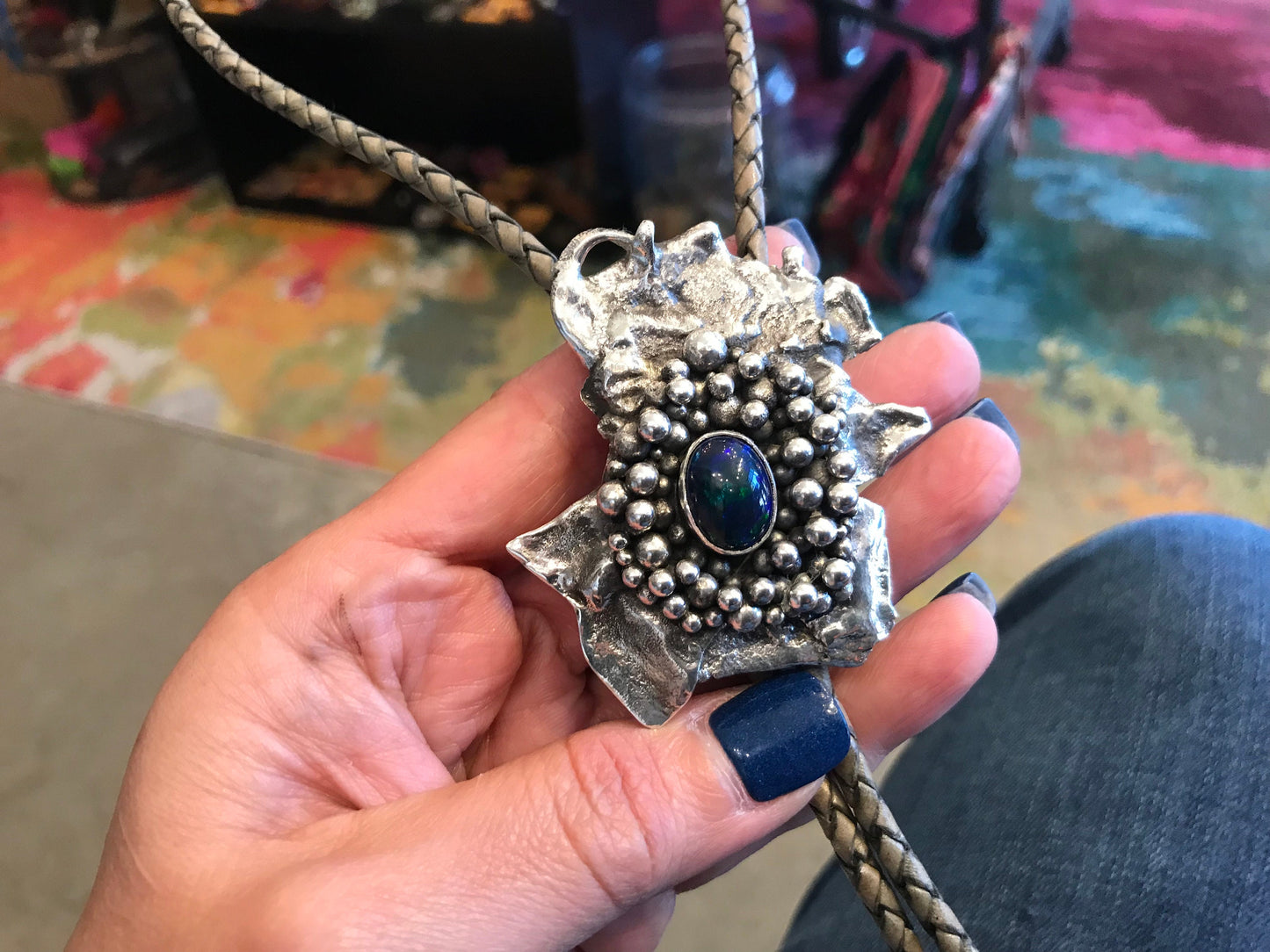 Sterling silver black fire opal brutalist abstract bolo tie necklace