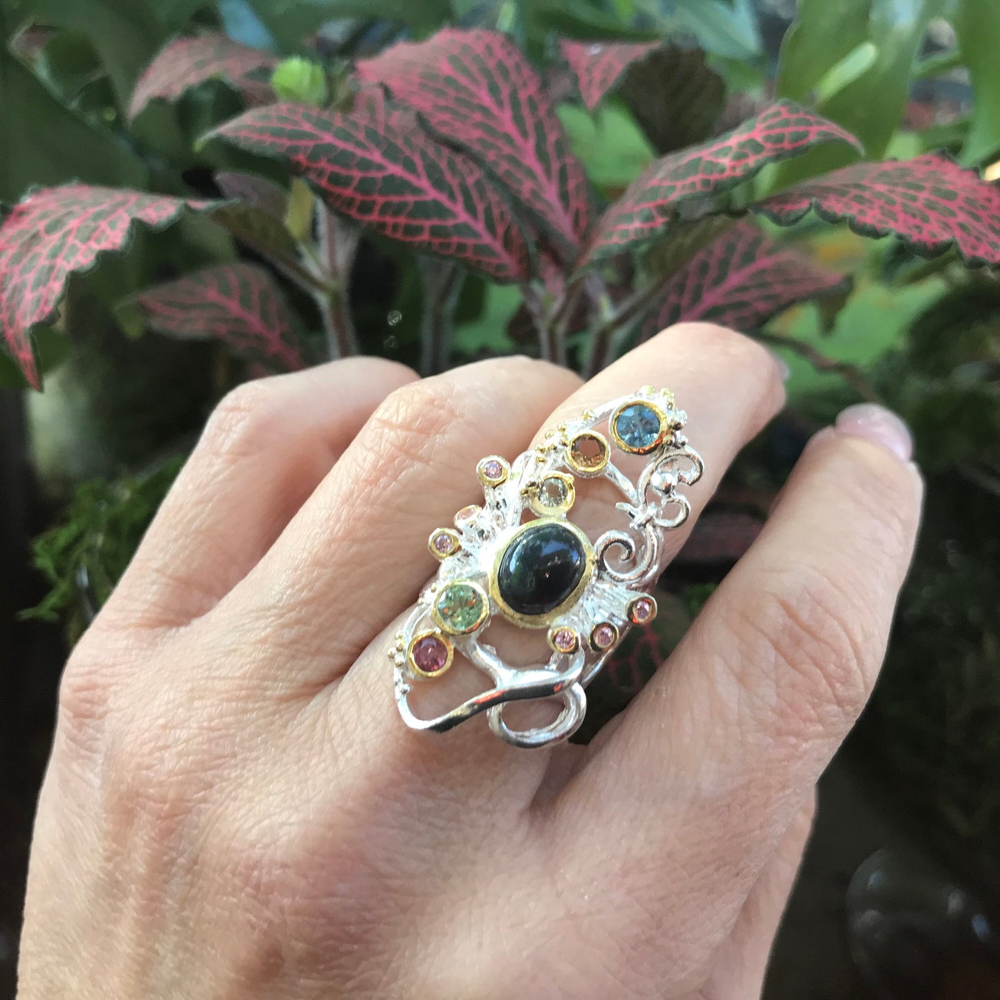 Sterling Silver Natural Black fire opal  tourmaline Ring 6
