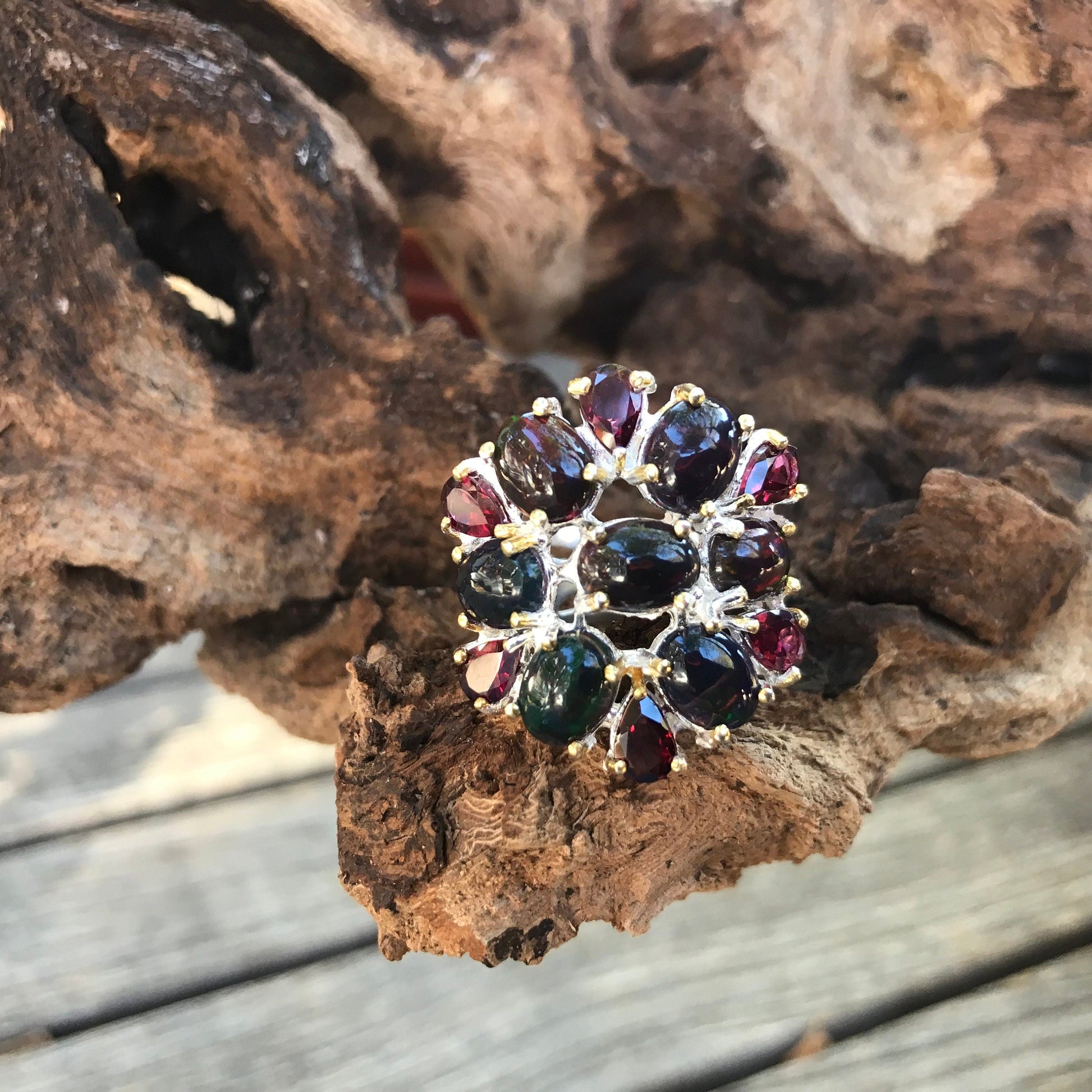 sterling silver Natural black opal rhodolite cluster statement ring 6 Colors Of Etnika
