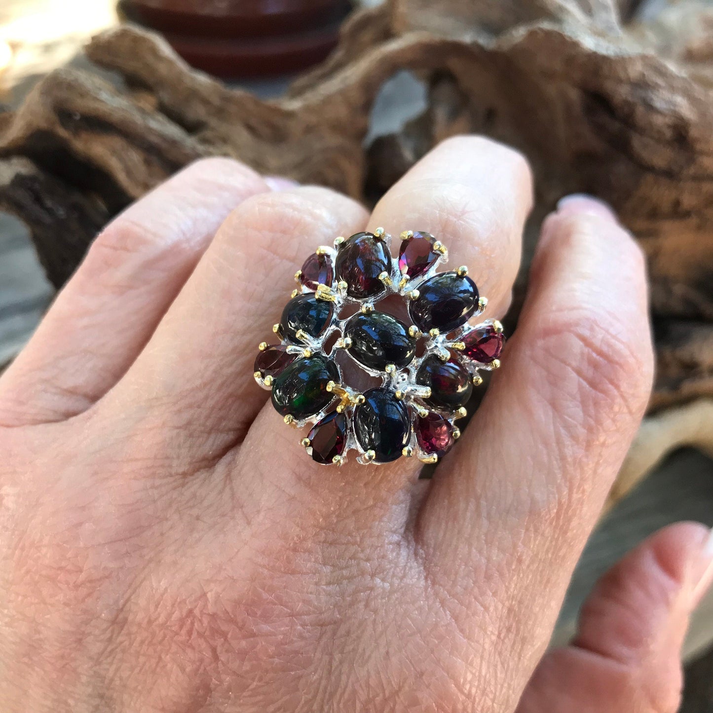 sterling silver Natural black opal rhodolite cluster statement ring 6 Colors Of Etnika