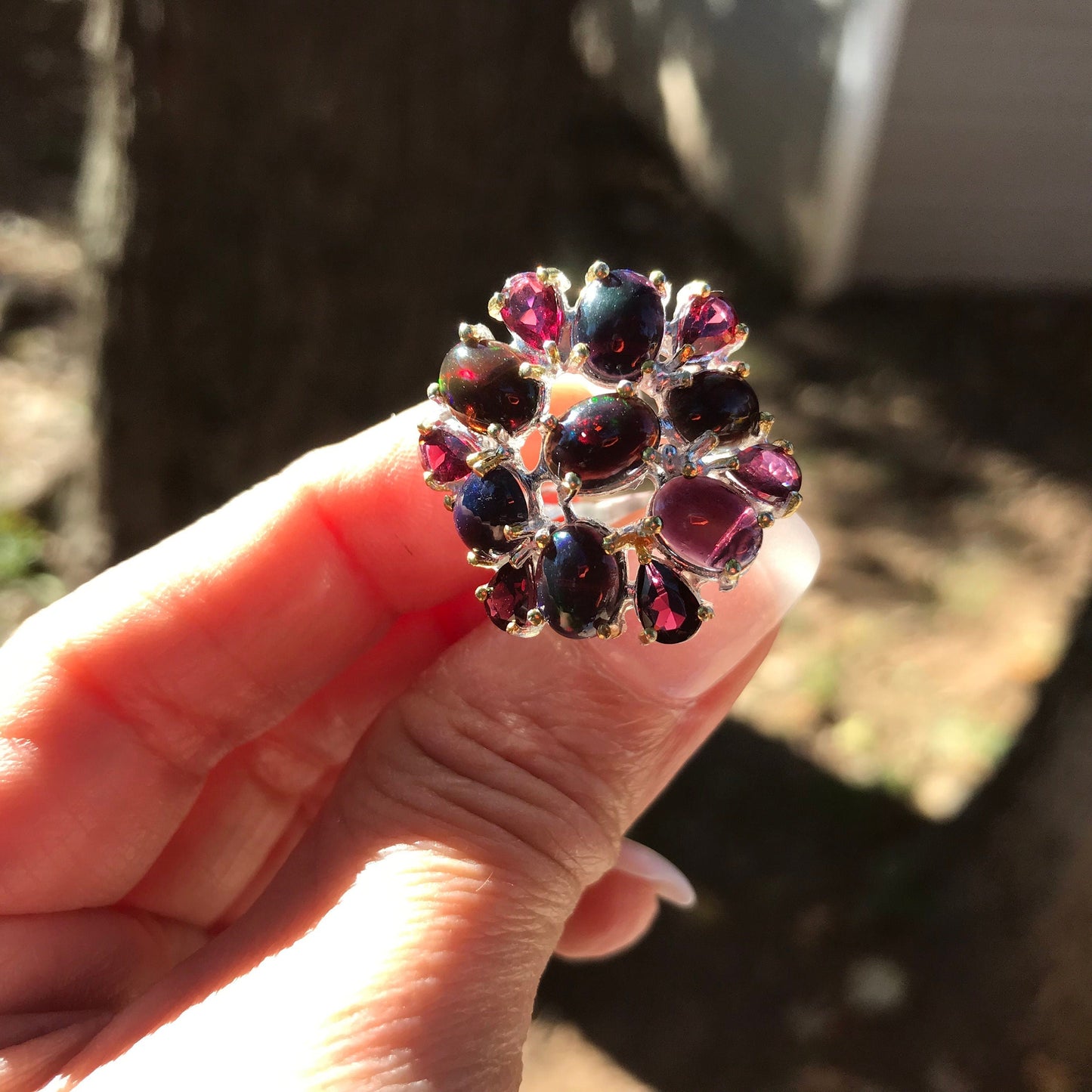 sterling silver Natural black opal rhodolite cluster statement ring 6 Colors Of Etnika