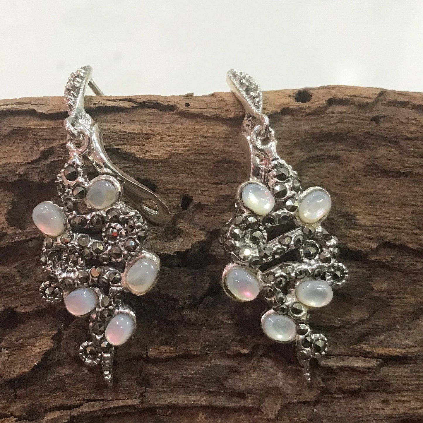 sterling silver marcasite snake  MOP Artisan earrings Colors Of Etnika