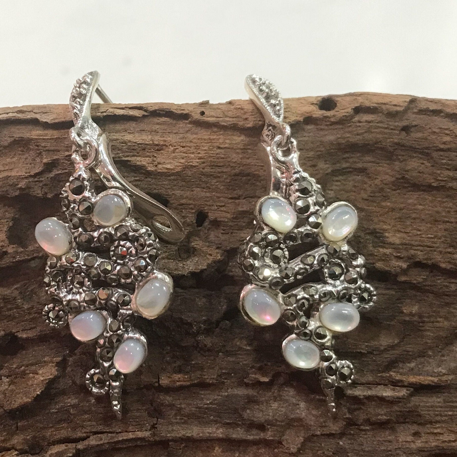 sterling silver marcasite snake  MOP Artisan earrings Colors Of Etnika