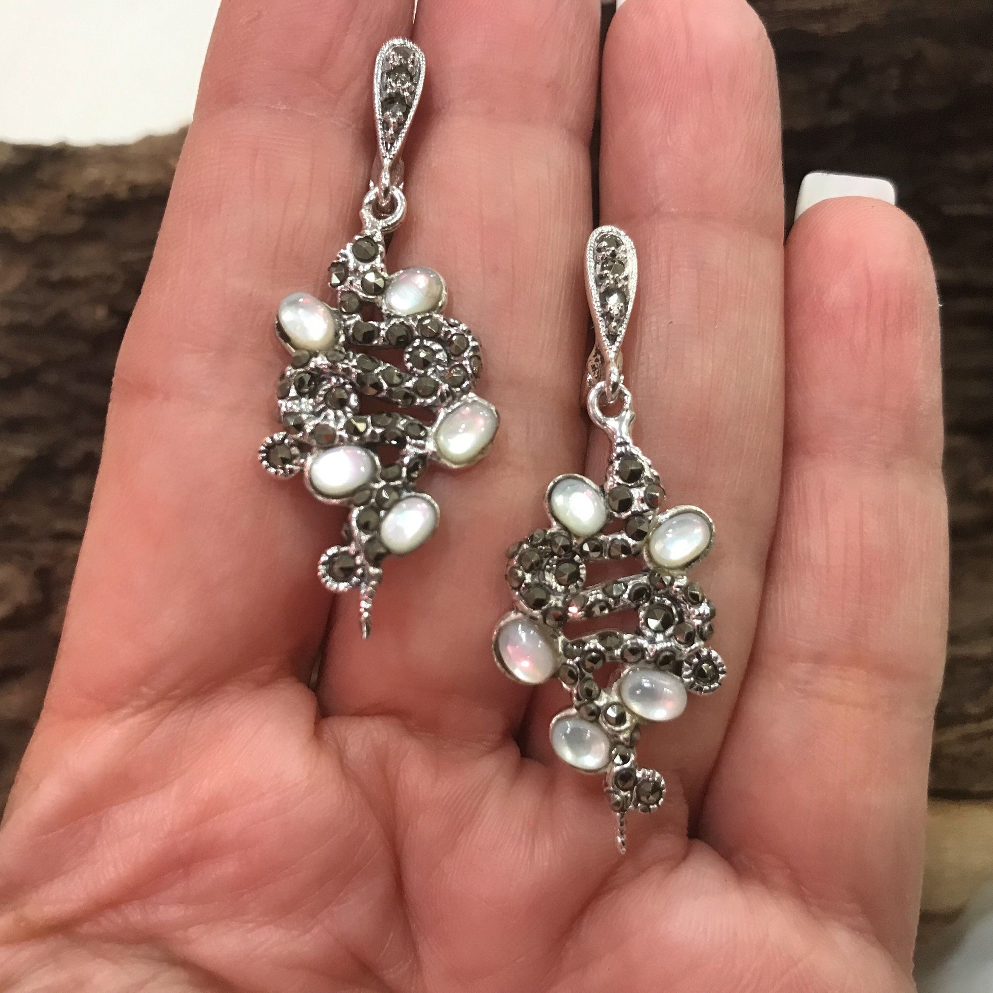 sterling silver marcasite snake  MOP Artisan earrings Colors Of Etnika