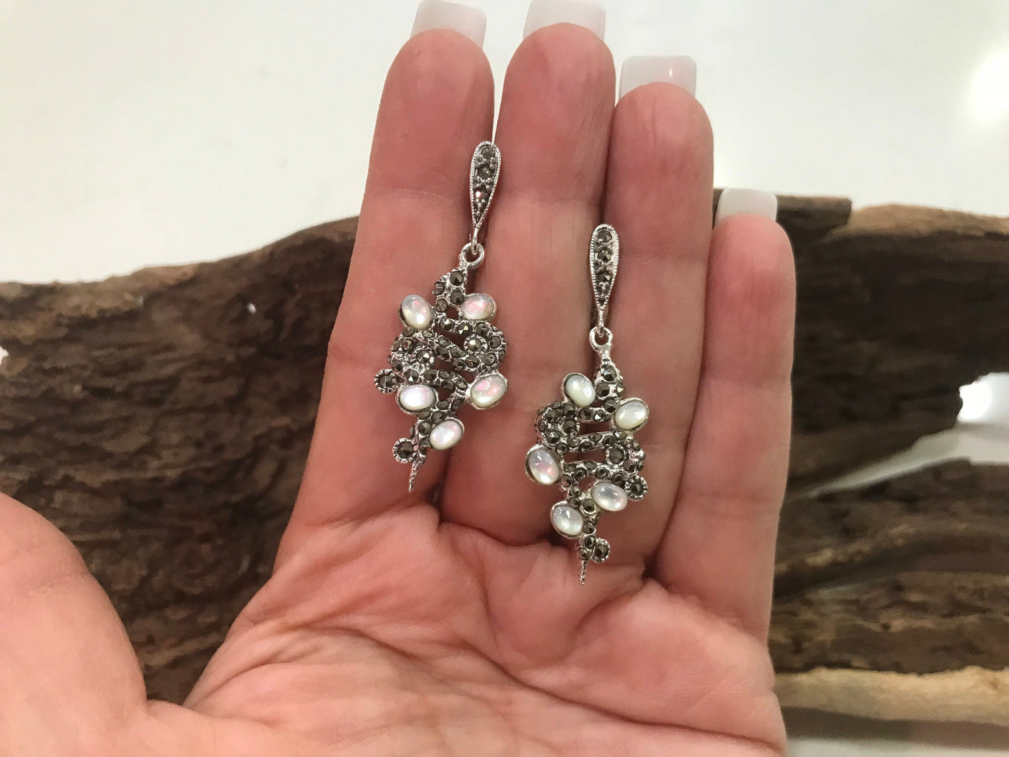 sterling silver marcasite snake  MOP Artisan earrings Colors Of Etnika