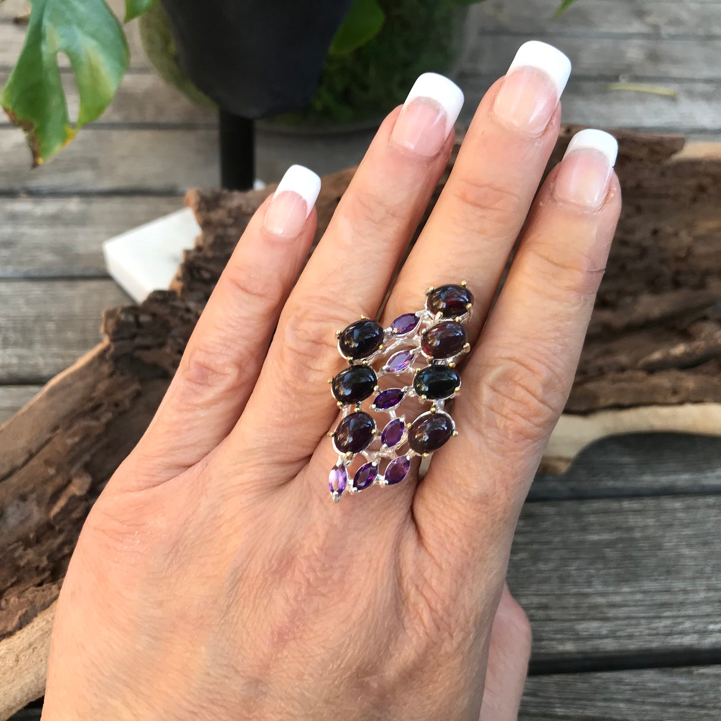 Sterling Silver  black Fire Opal amethyst  statement ring 8.5