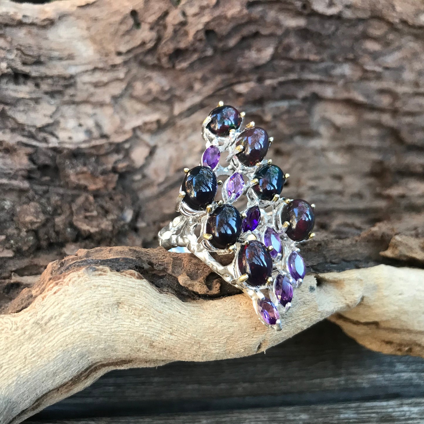 Sterling Silver  black Fire Opal amethyst  statement ring 8.5