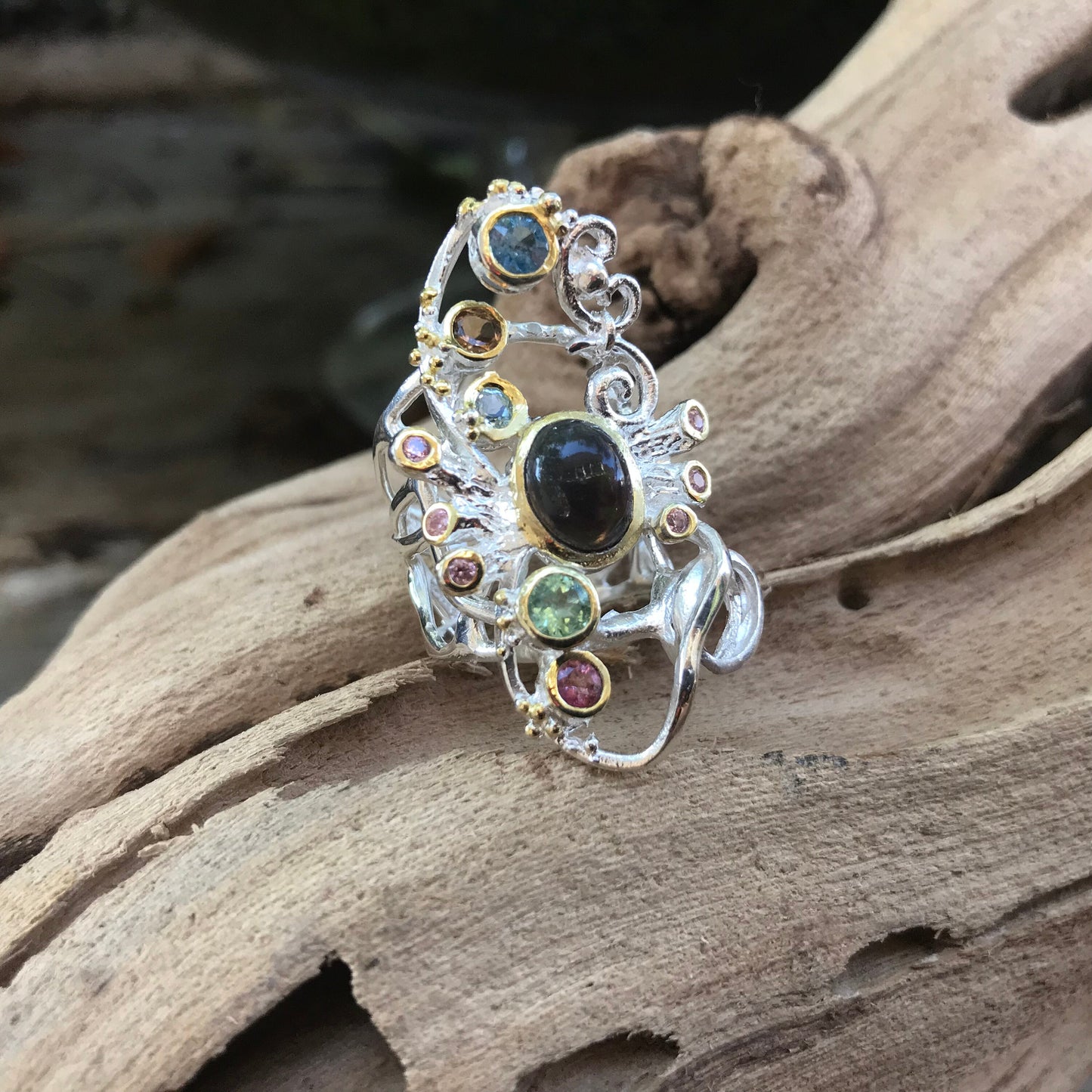 Sterling Silver Natural Black fire opal  tourmaline Ring 6