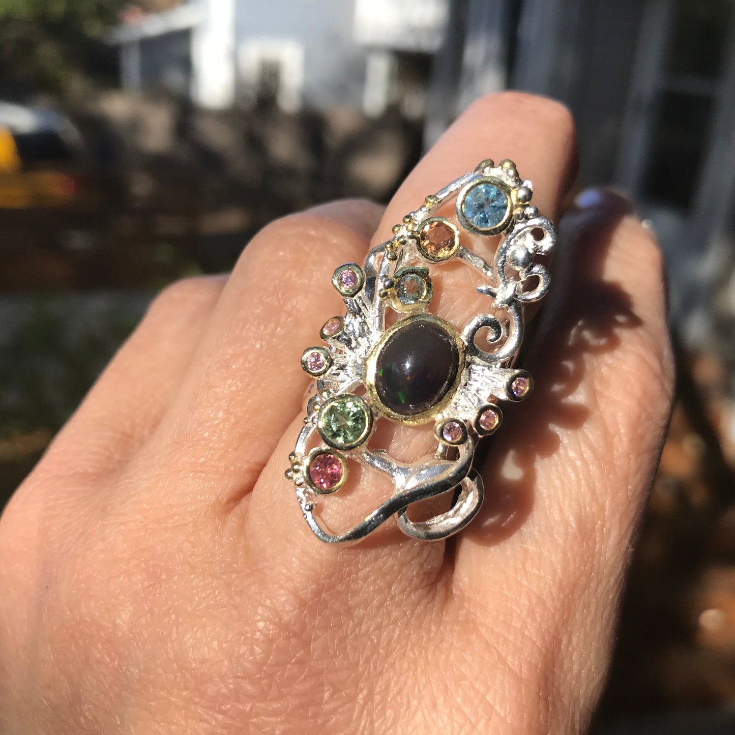 Sterling Silver Natural Black fire opal  tourmaline Ring 6