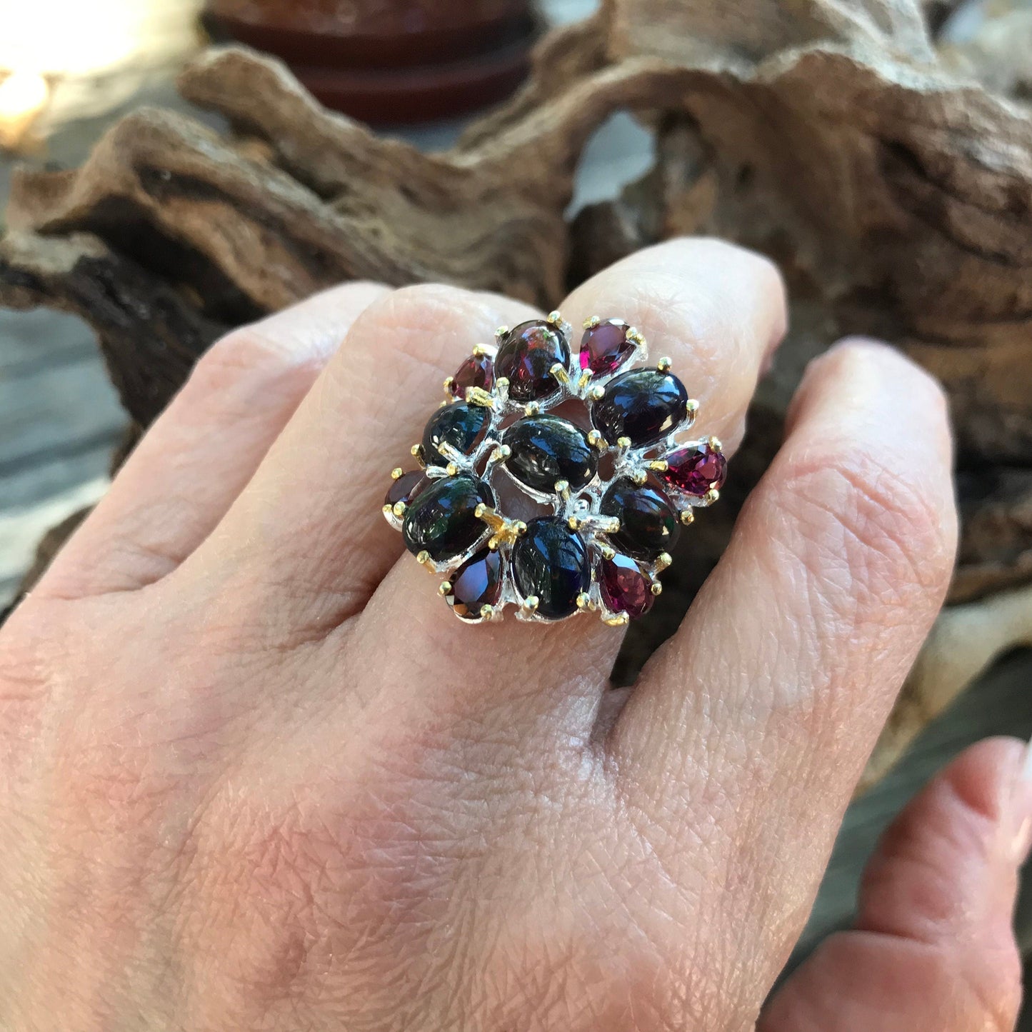 sterling silver Natural black opal rhodolite cluster statement ring 6 Colors Of Etnika