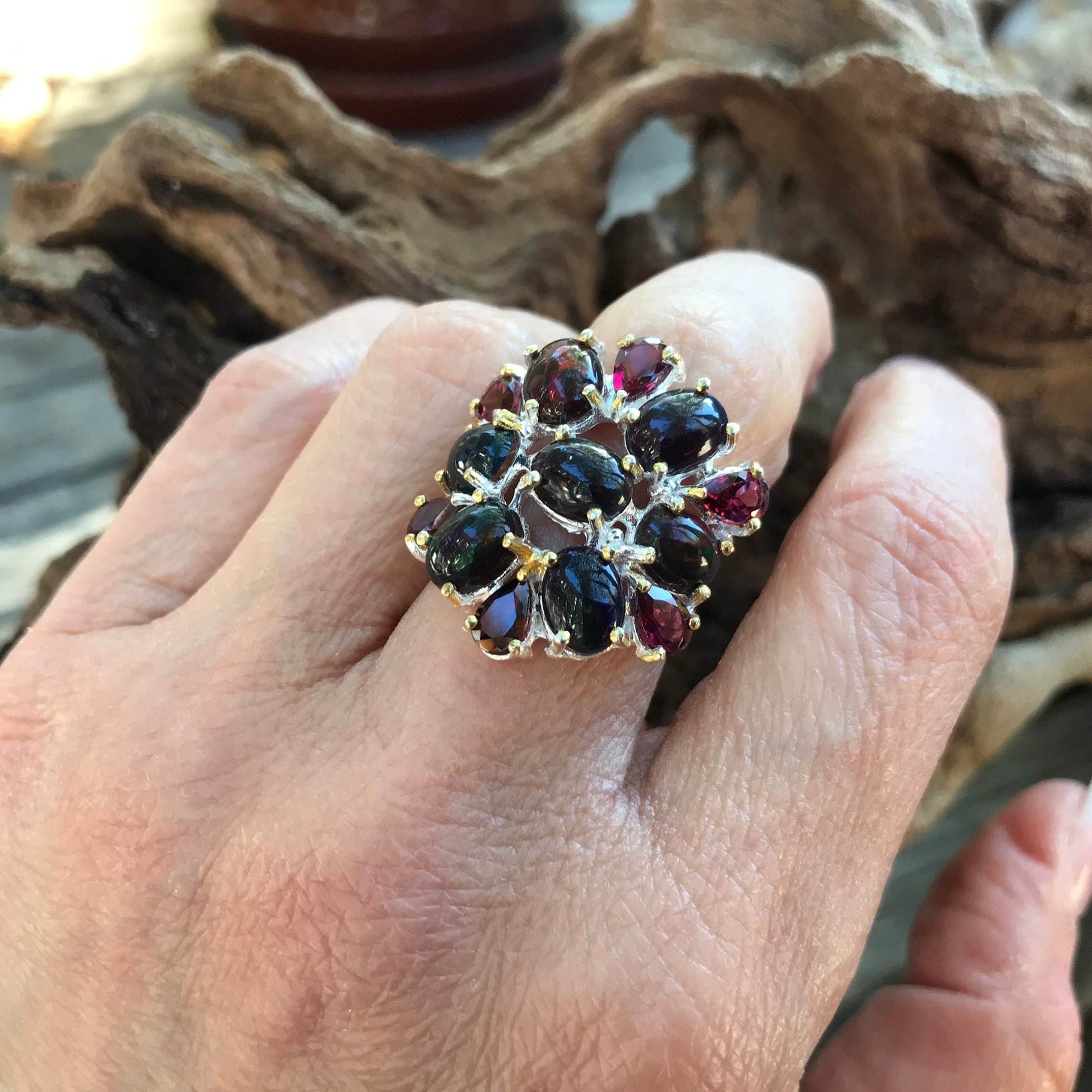 sterling silver Natural black opal rhodolite cluster statement ring 6 Colors Of Etnika