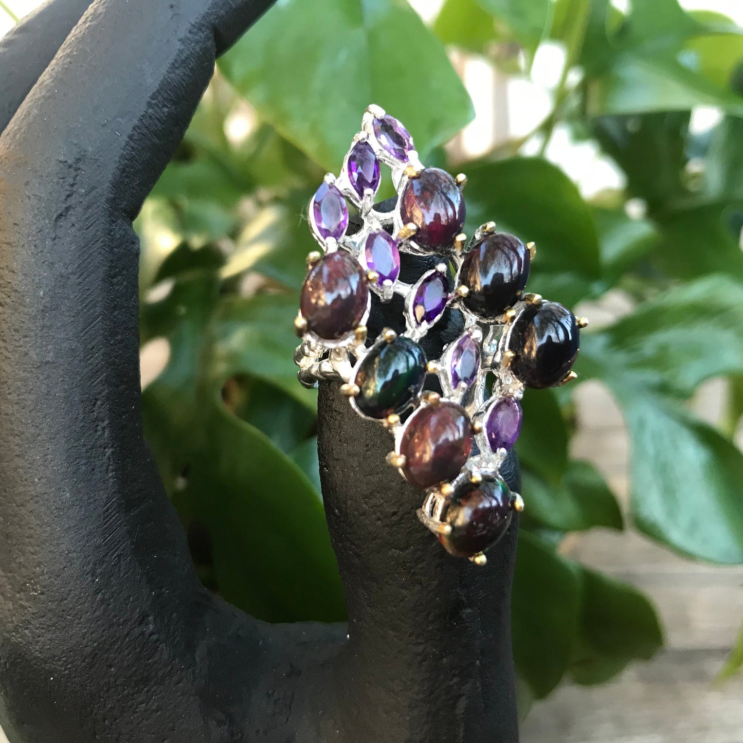 Sterling Silver  black Fire Opal amethyst  statement ring 8.5