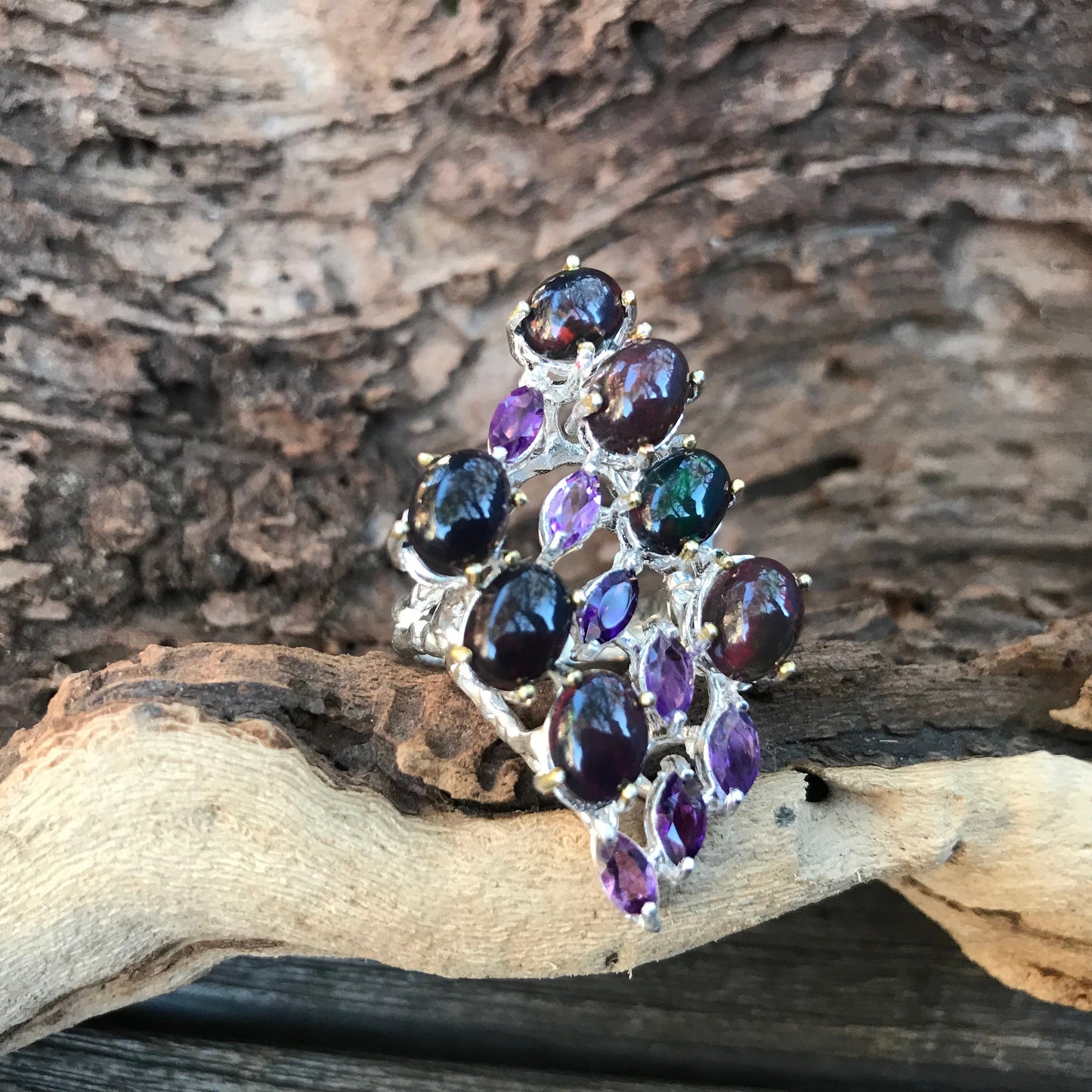 Sterling Silver  black Fire Opal amethyst  statement ring 8.5