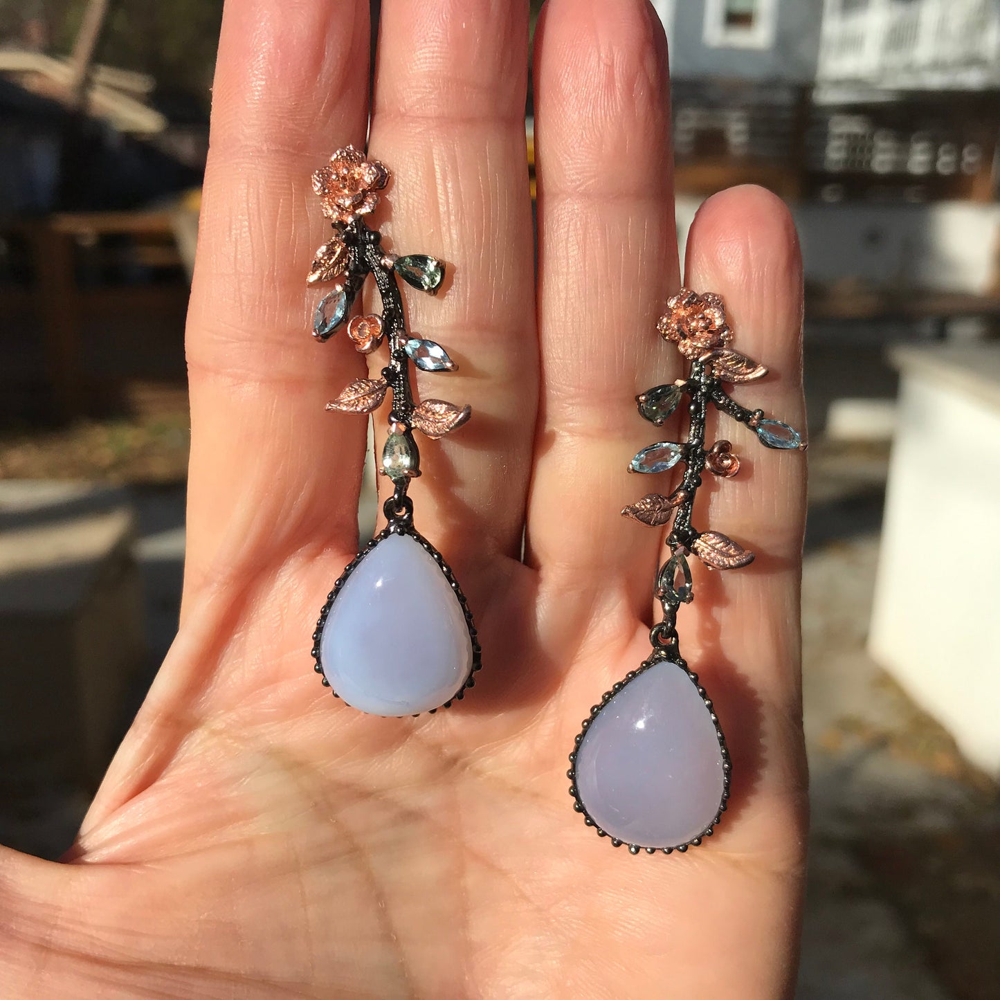 sterling silver blue  chalcedony topaz vintage  dangle Earrings