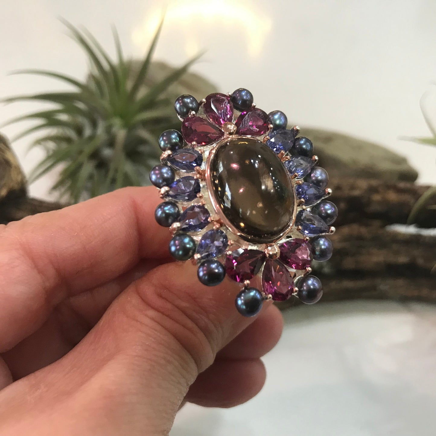 sterling Silver Smokey quartz statement pearl  ring 9