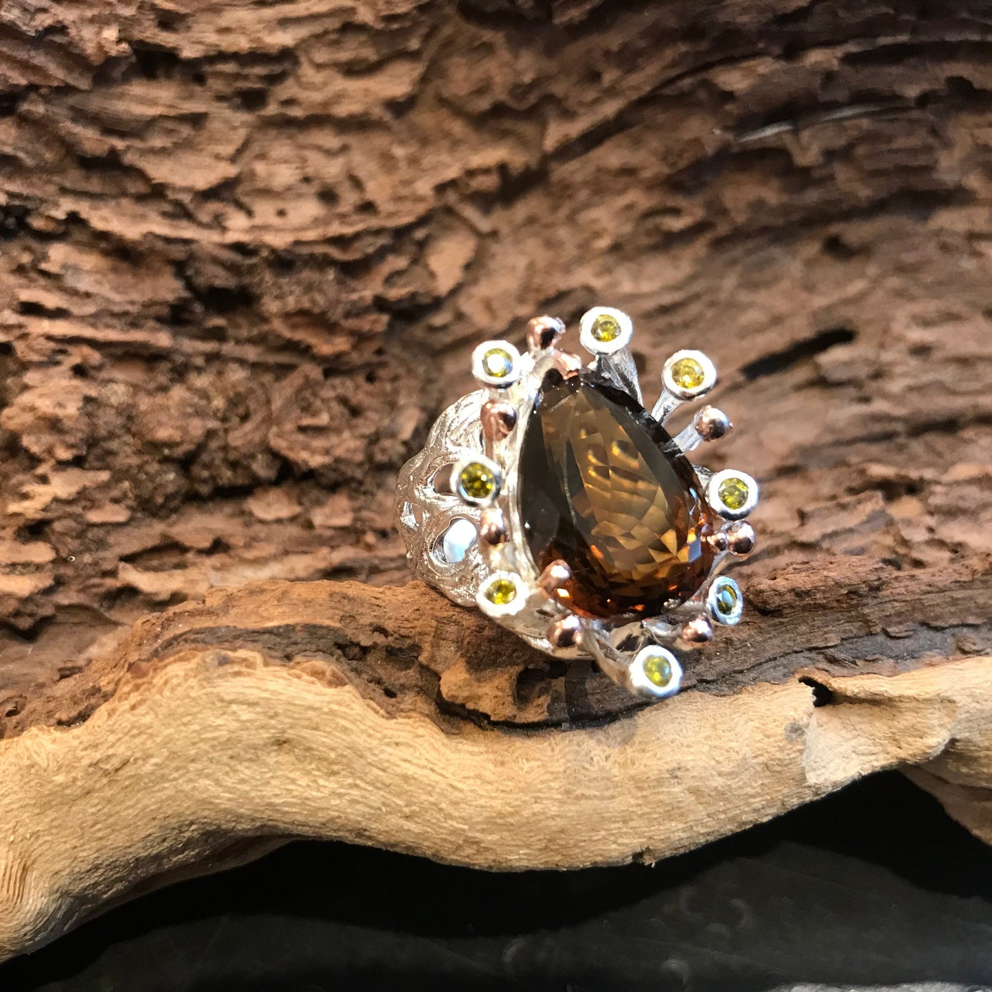 sterling silver cognac quartz  brutalist statement ring 7.5 Colors Of Etnika