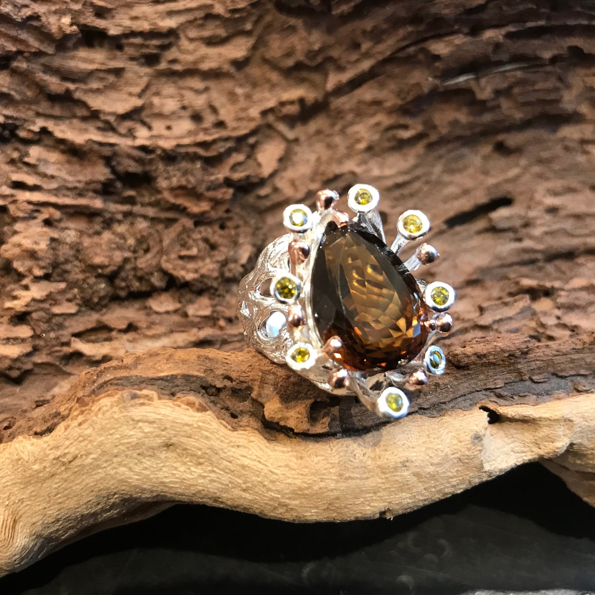 sterling silver cognac quartz  brutalist statement ring 7.5 Colors Of Etnika
