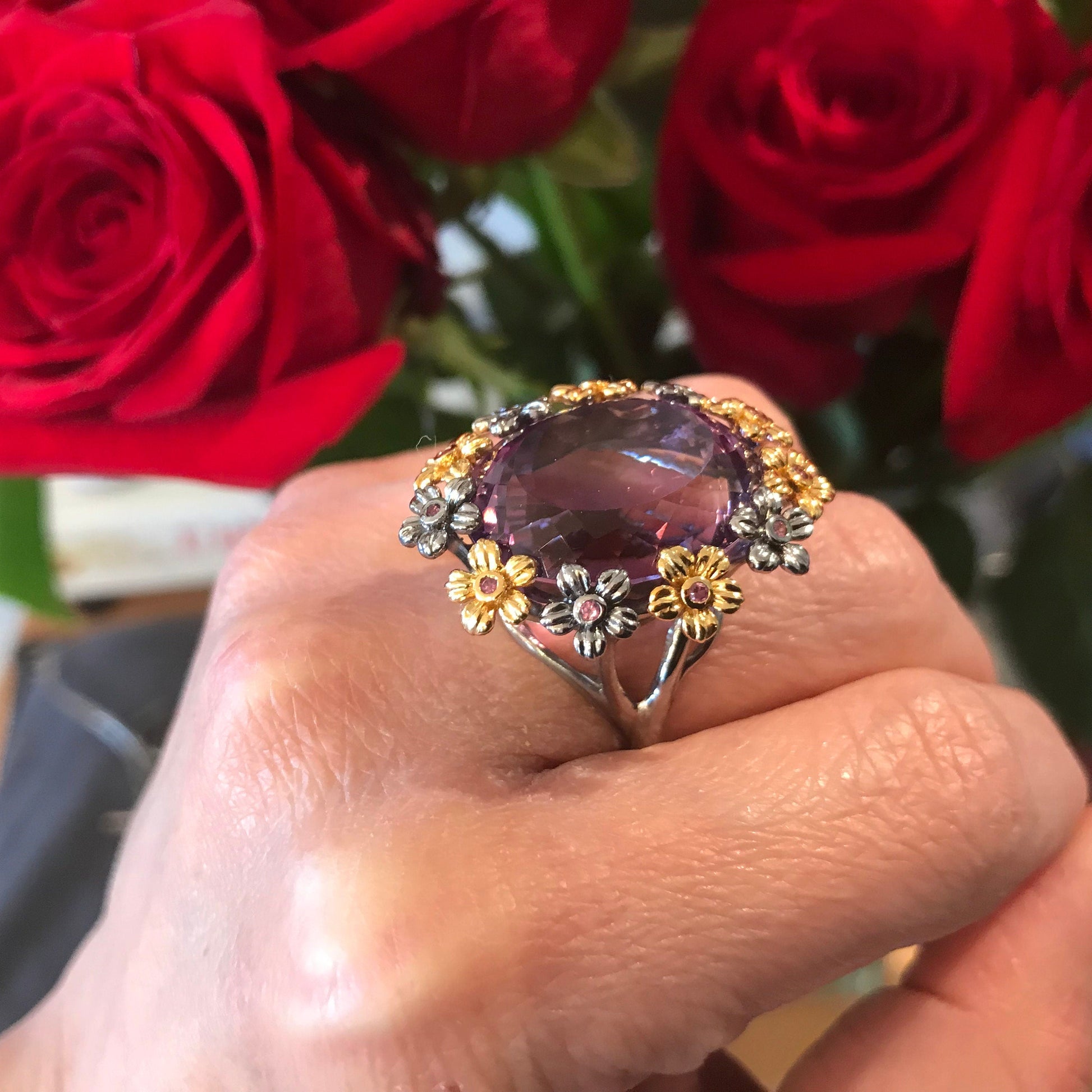 Sterling Silver Fancy Amethyst Garnet ring 8.5 Colors Of Etnika
