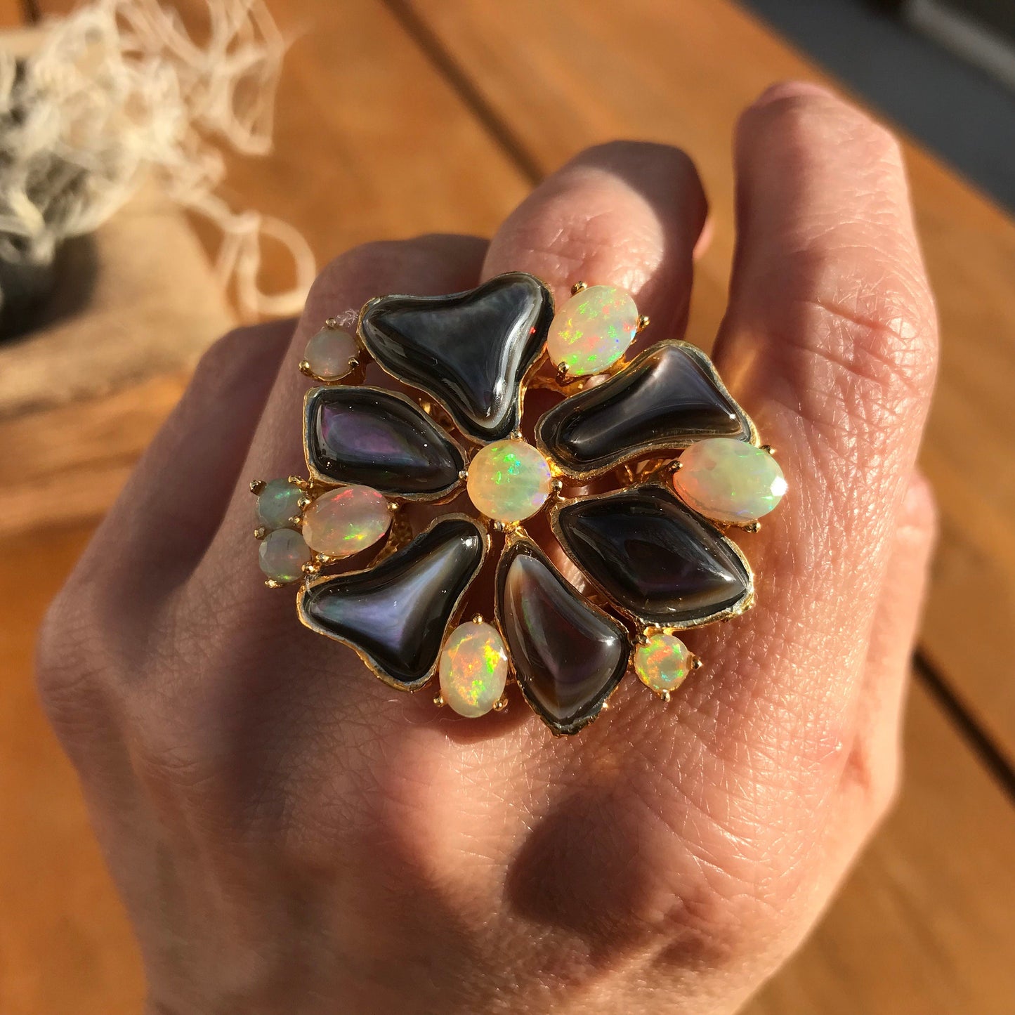 Sterling Silver Fire opal gold mop ring fancy Ring 10 Colors Of Etnika