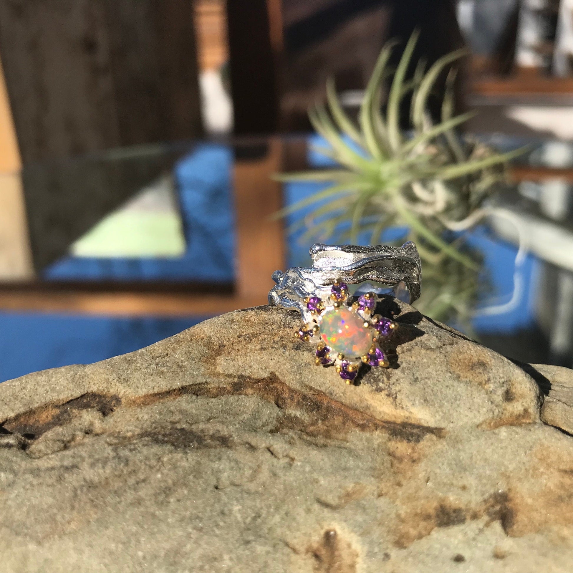 Sterling Silver  Natural Opal Amethyst ring 6.5 Colors Of Etnika