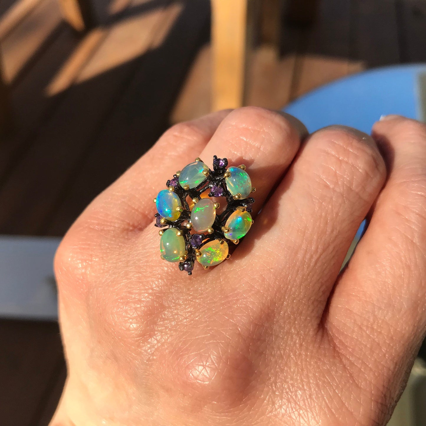Sterling Silver  Natural Opal Amethyst ring 8.5 Colors Of Etnika
