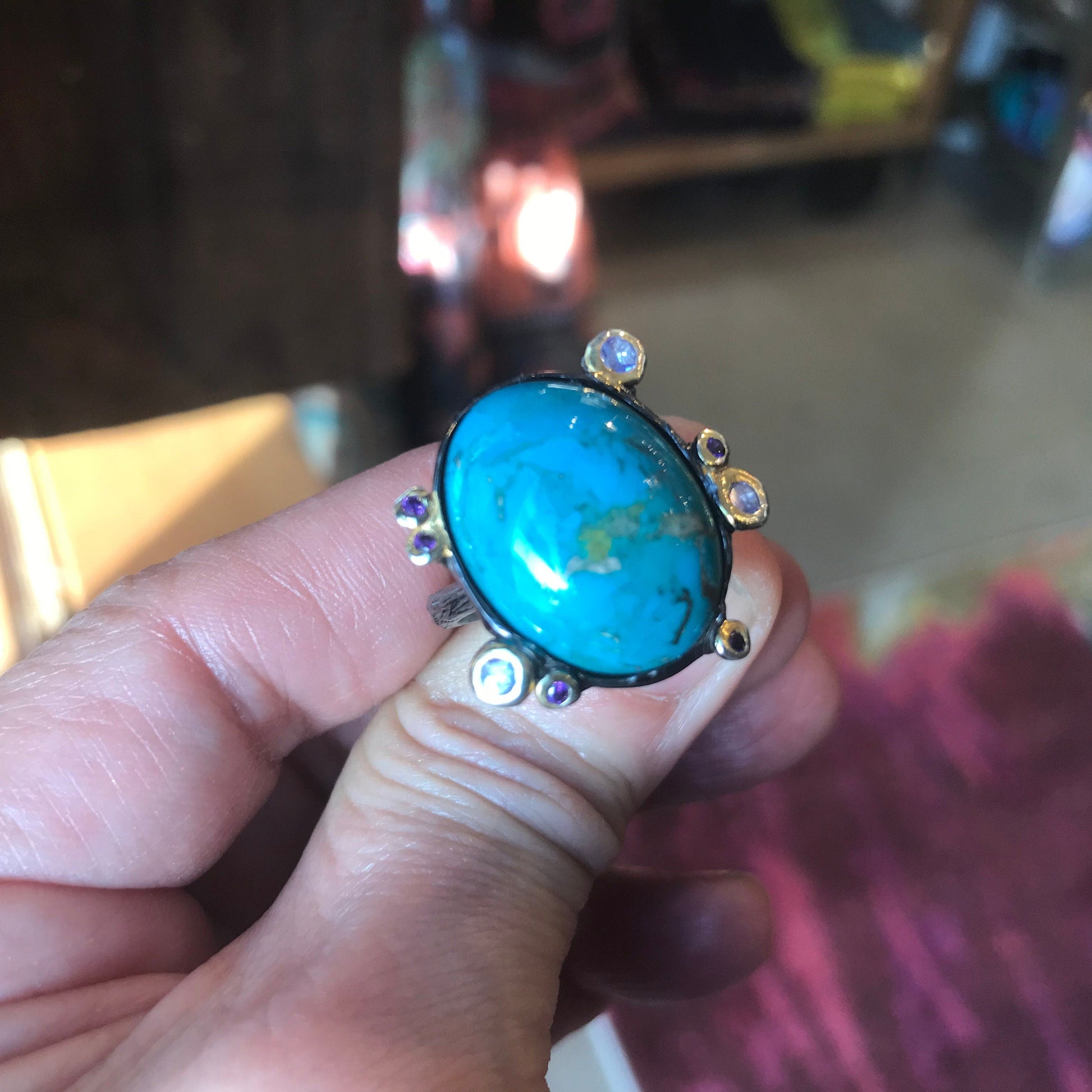 Sterling Silver Genuine Turquoise tanzanite  ring 9 Colors Of Etnika