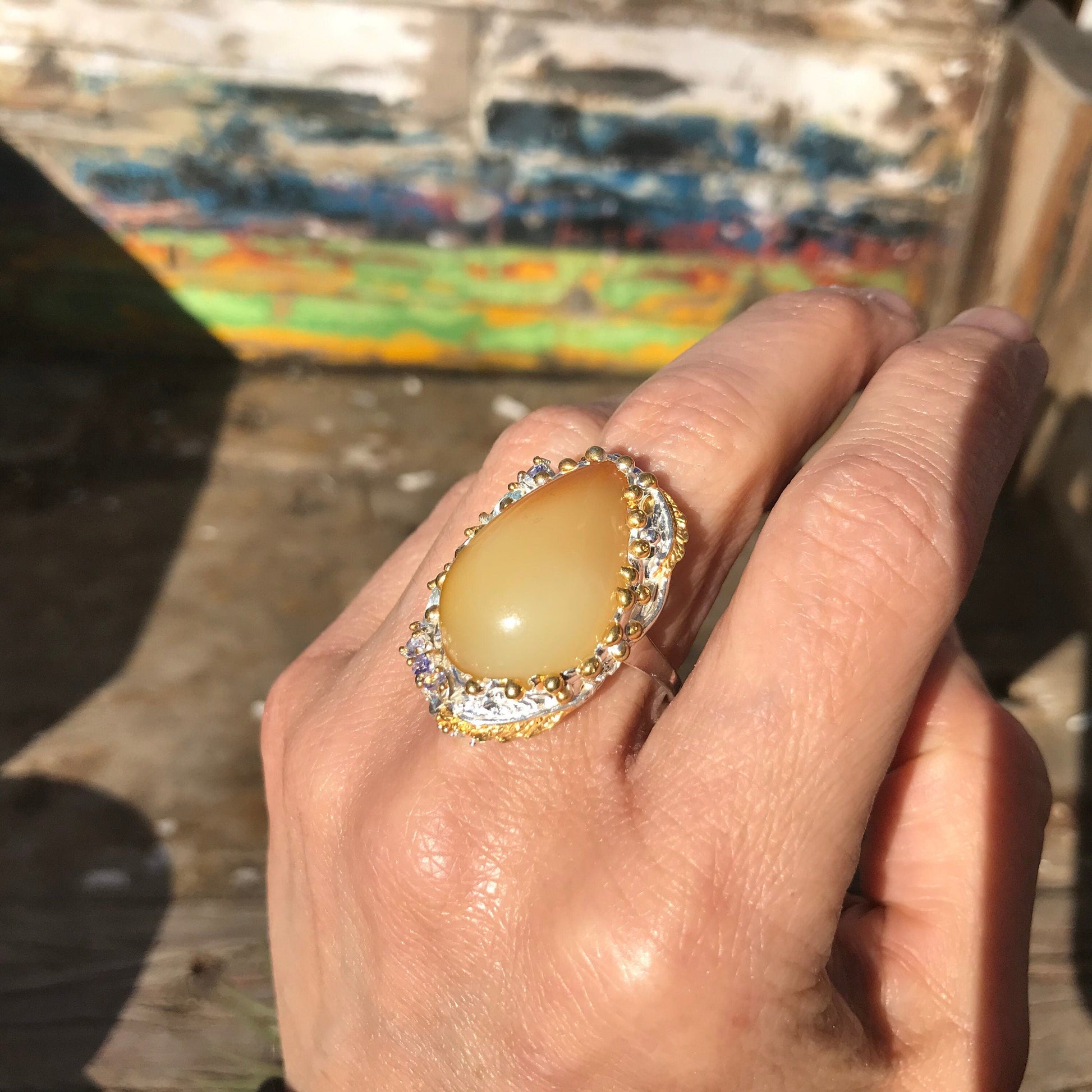 sterling silver Natural opal blue topaz ring 8.5 Colors Of Etnika