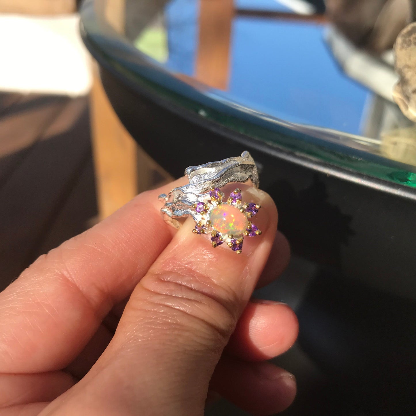 Sterling Silver  Natural Opal Amethyst ring 6.5 Colors Of Etnika