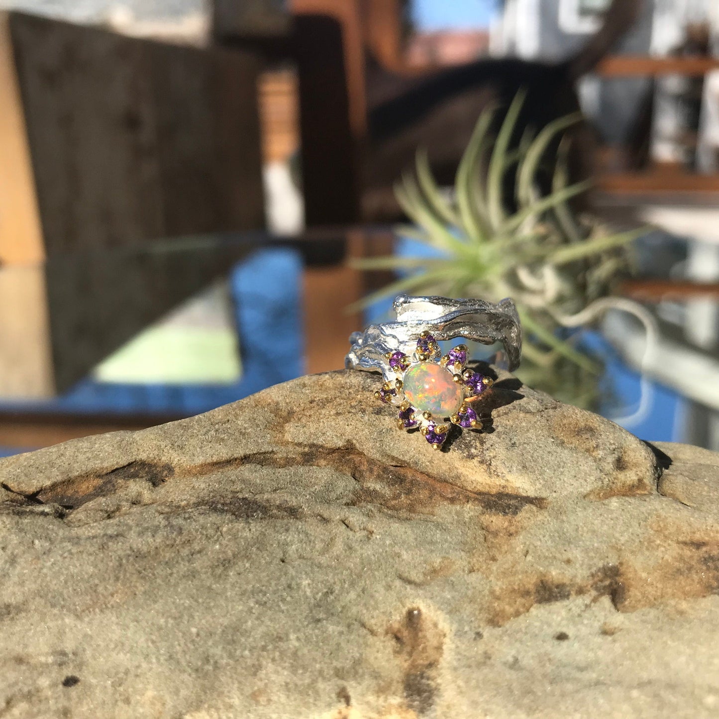 Sterling Silver  Natural Opal Amethyst ring 6.5 Colors Of Etnika