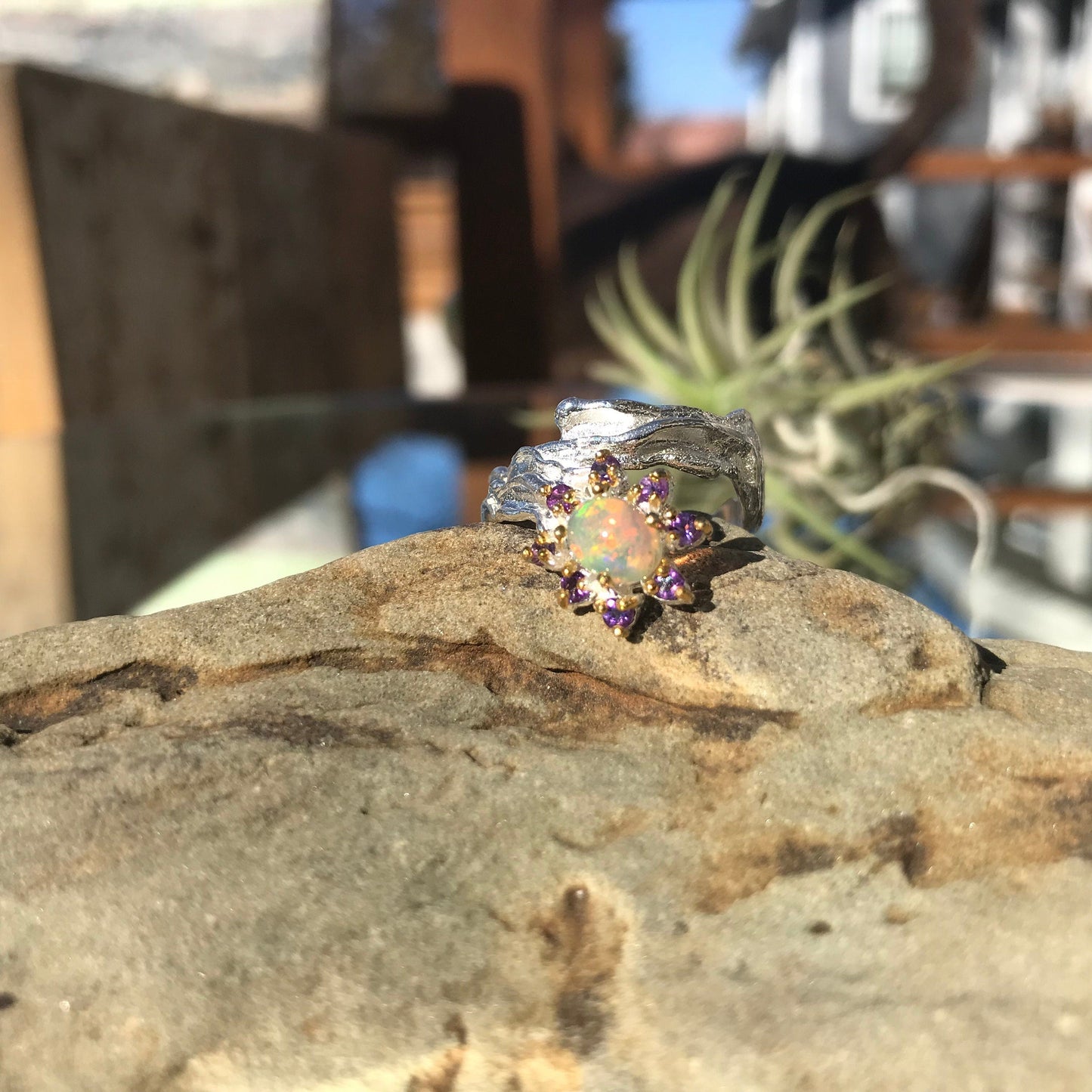 Sterling Silver  Natural Opal Amethyst ring 6.5 Colors Of Etnika