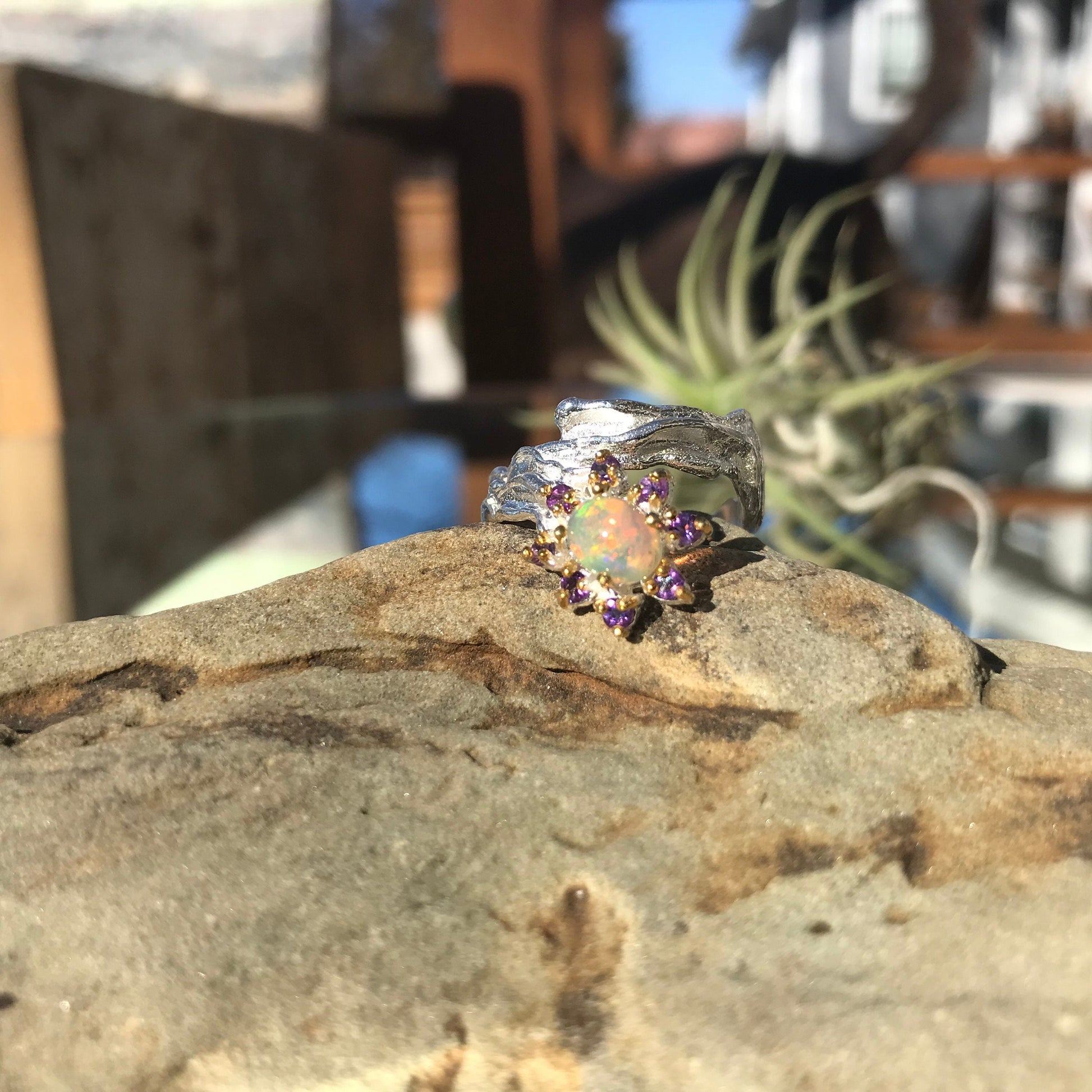 Sterling Silver  Natural Opal Amethyst ring 6.5 Colors Of Etnika