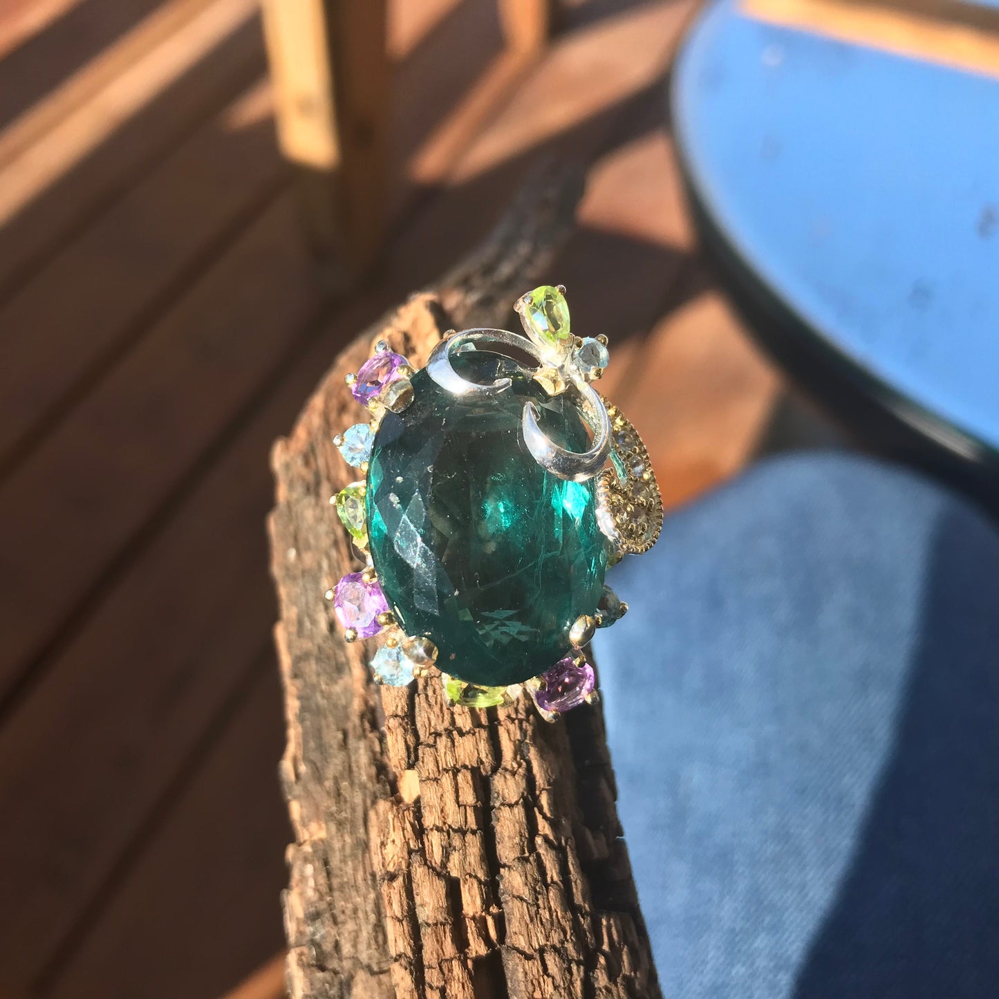 Sterling  silver green fluorite huge ring 8