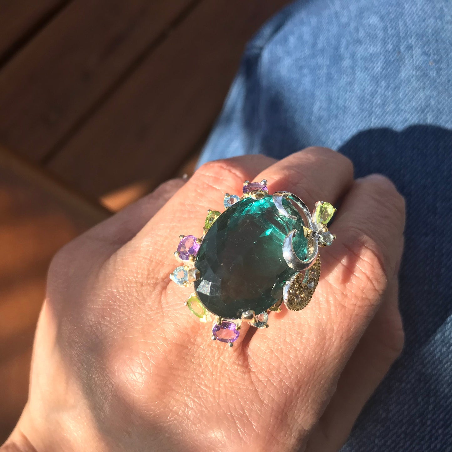 Sterling  silver green fluorite huge ring 8