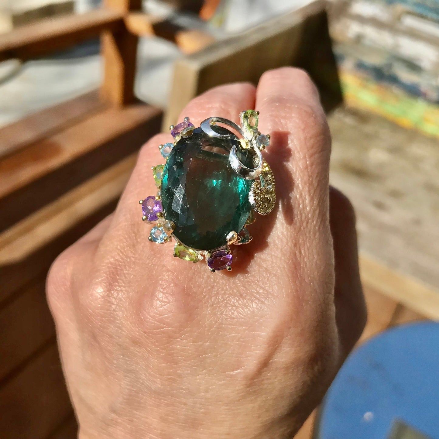 Sterling  silver green fluorite huge ring 8