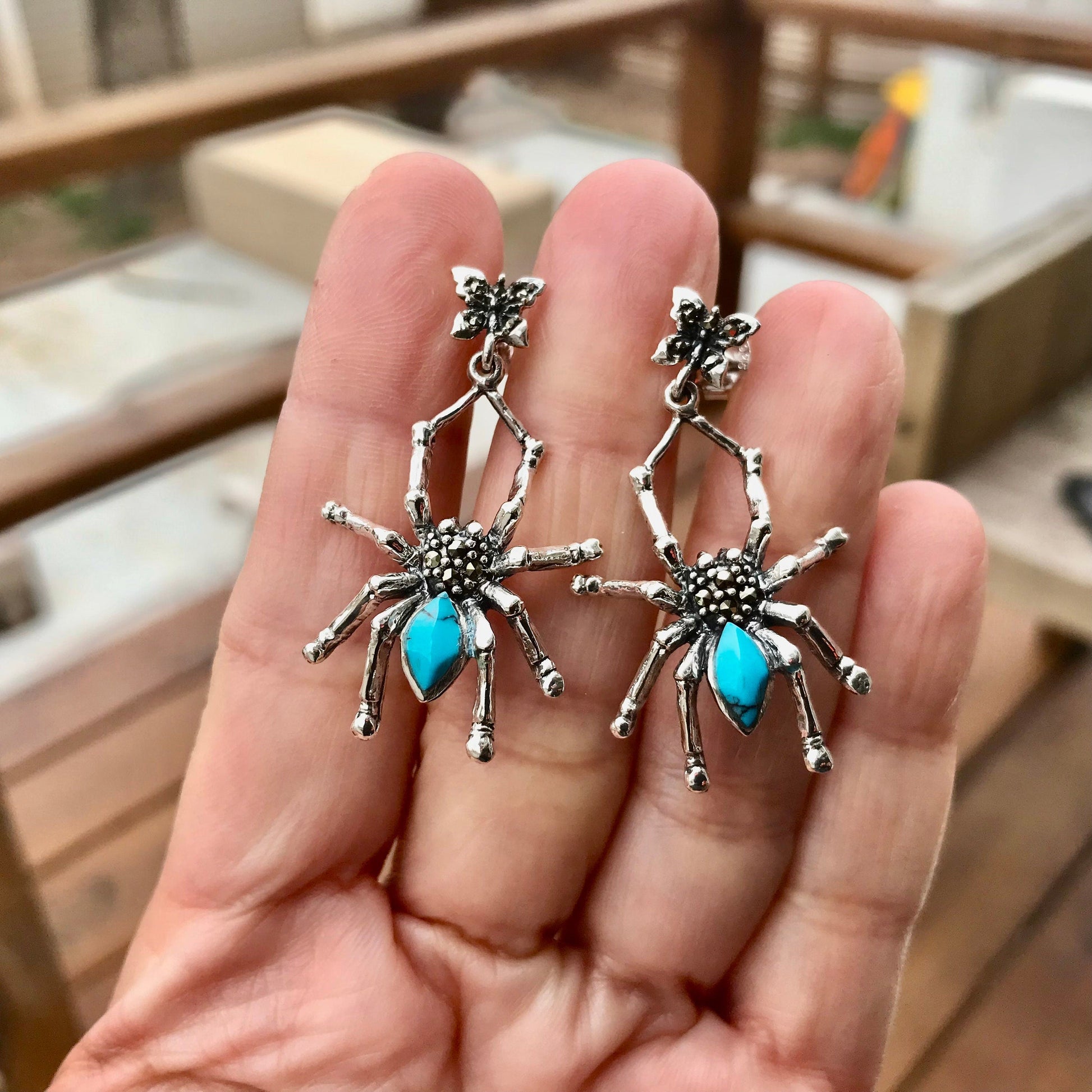 Sterling-silver Spider Marcasite Turquoise Dangle Earrings Colors Of Etnika