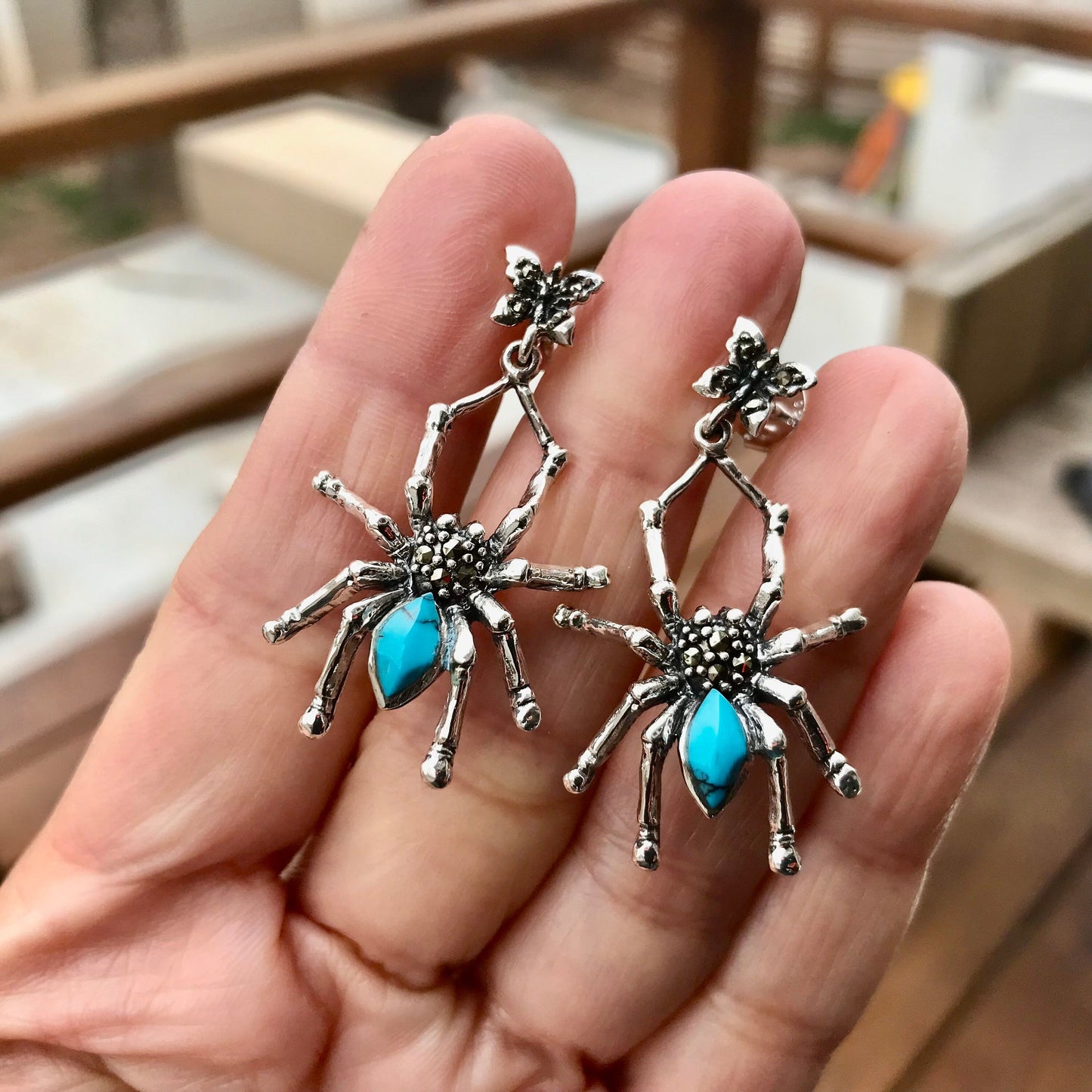 Sterling-silver Spider Marcasite Turquoise Dangle Earrings Colors Of Etnika