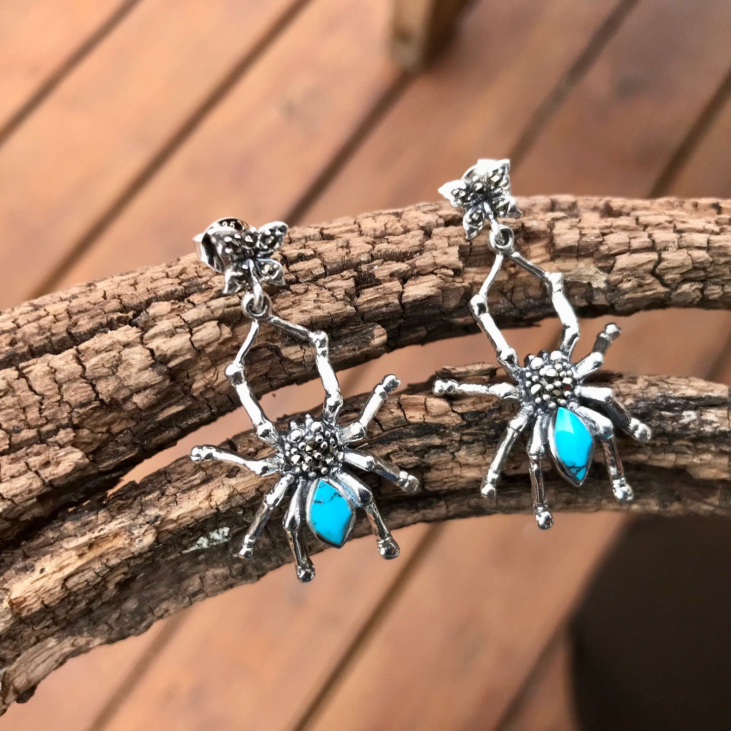Sterling-silver Spider Marcasite Turquoise Dangle Earrings Colors Of Etnika
