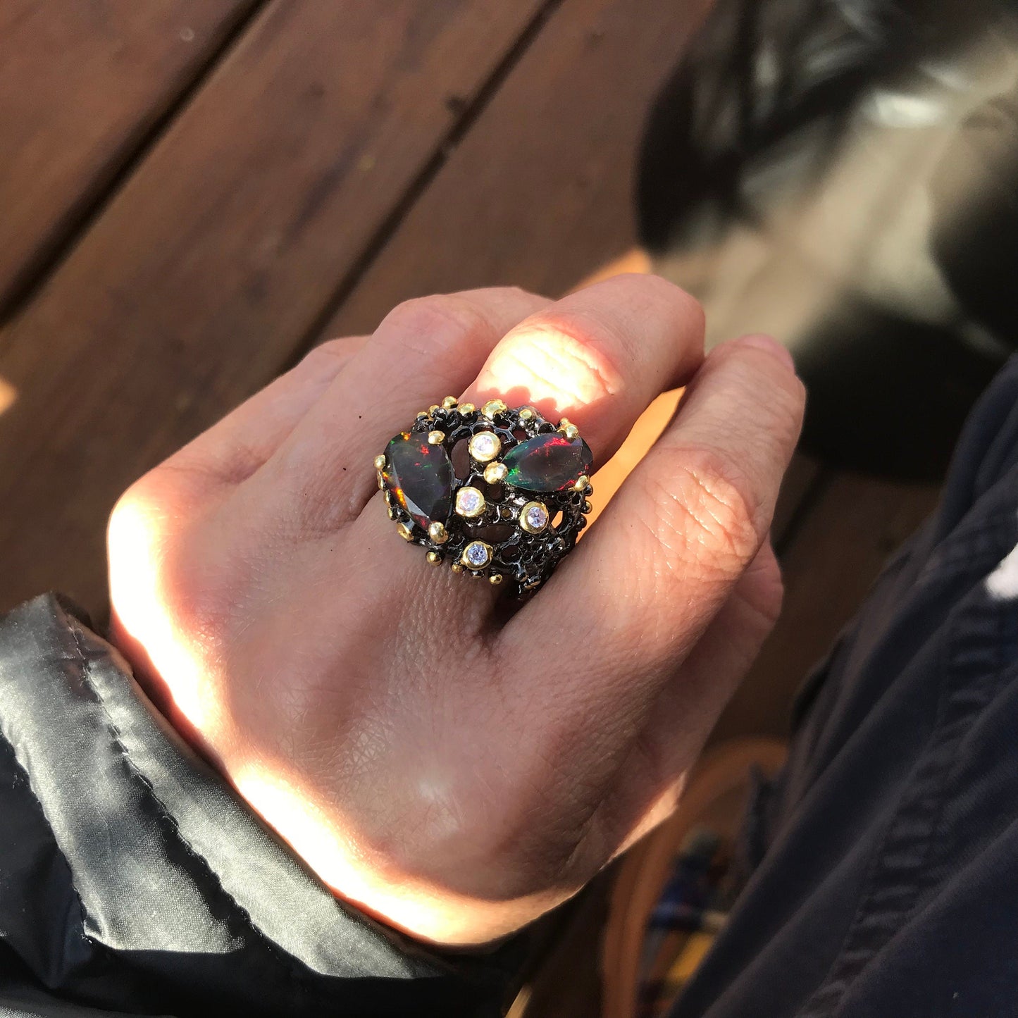sterling silver natural fire red blue opal organic brutalist ring 9 Colors Of Etnika