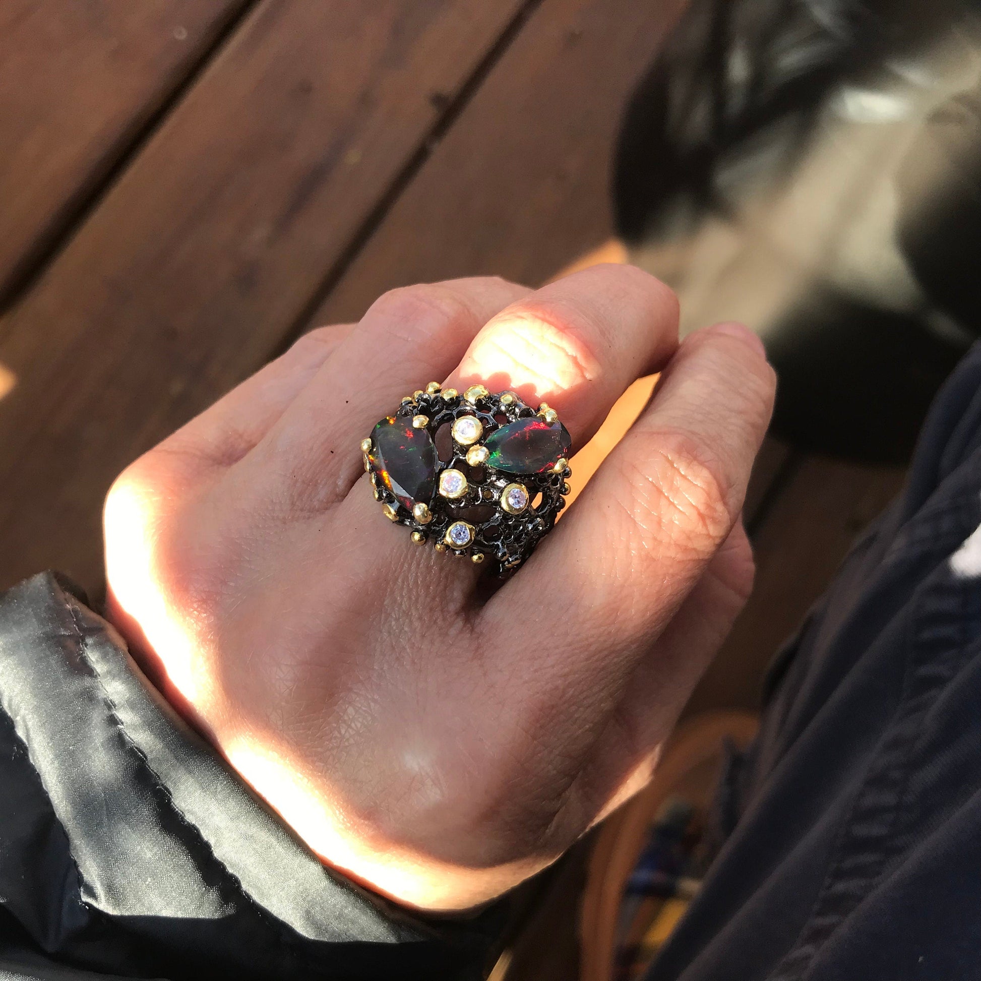 sterling silver natural fire red blue opal organic brutalist ring 9 Colors Of Etnika
