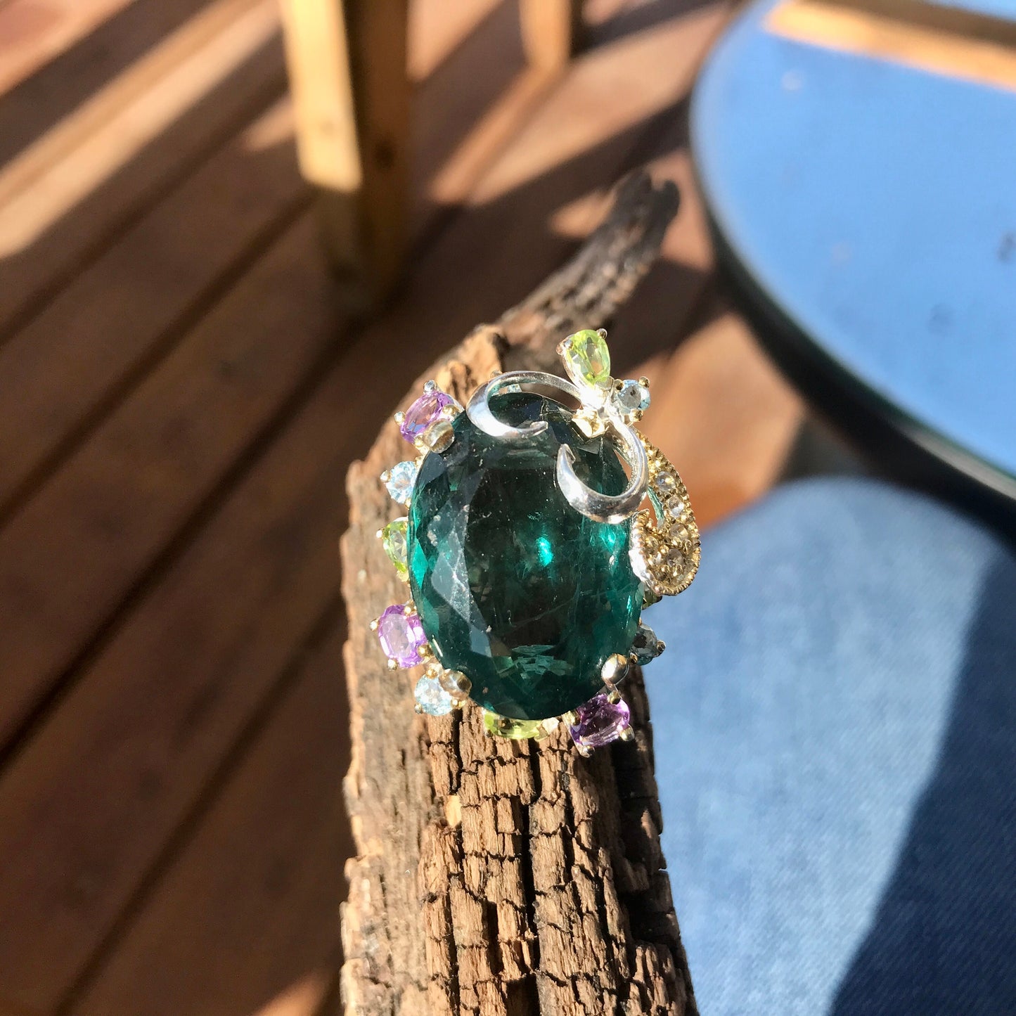 Sterling  silver green fluorite huge ring 8
