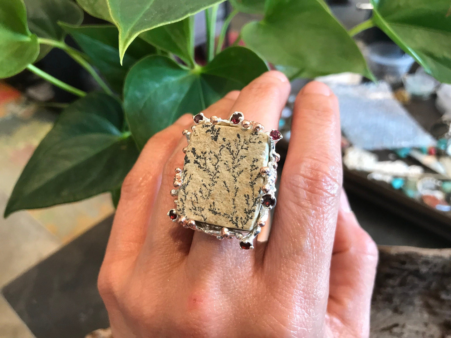 Sterling Silver brutalist dendritic Agate s red garnet ring 8 Colors Of Etnika
