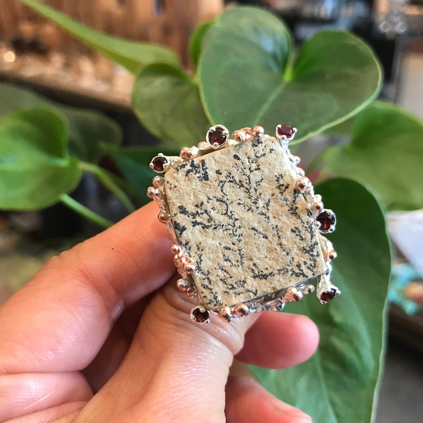 Sterling Silver brutalist dendritic Agate s red garnet ring 8 Colors Of Etnika