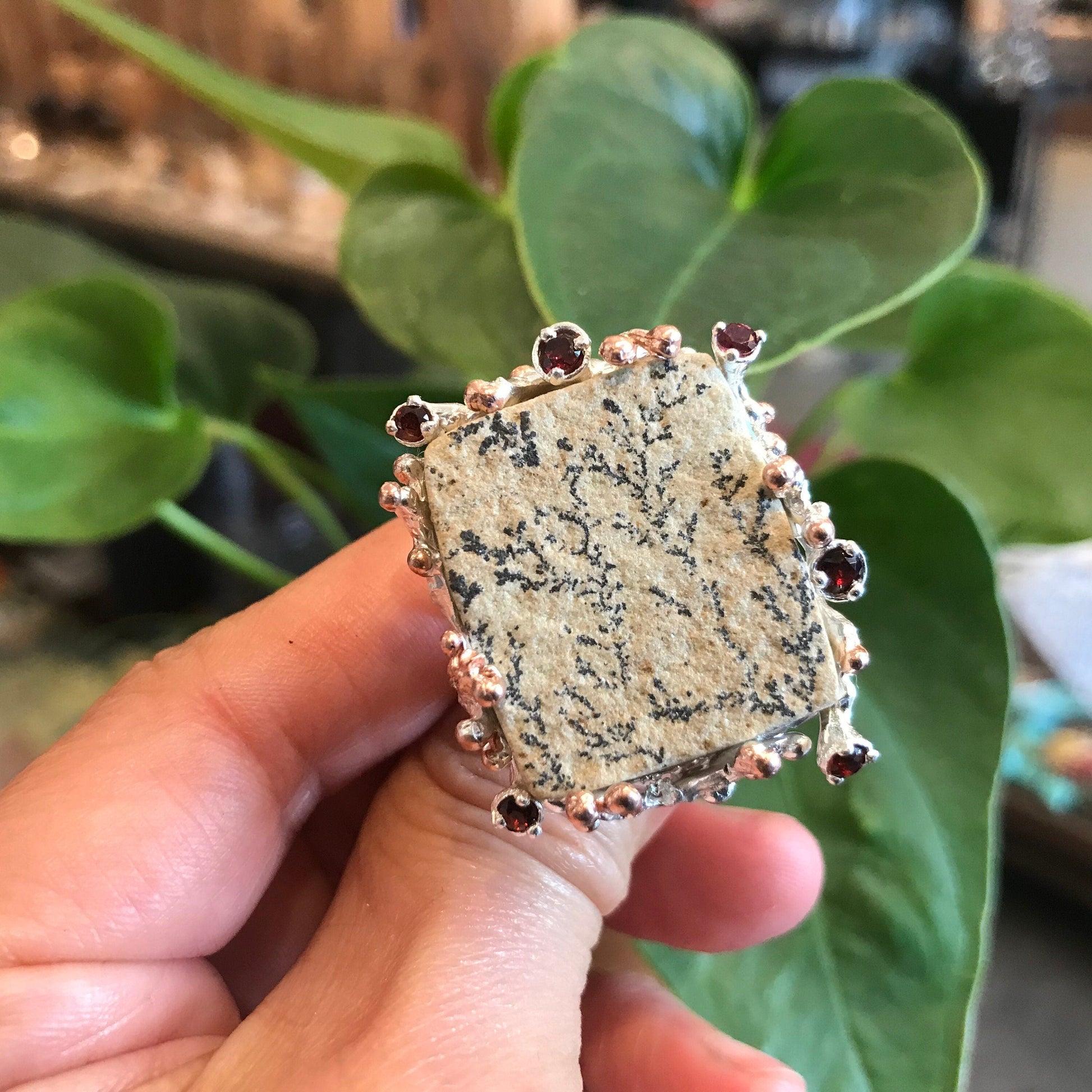Sterling Silver brutalist dendritic Agate s red garnet ring 8 Colors Of Etnika