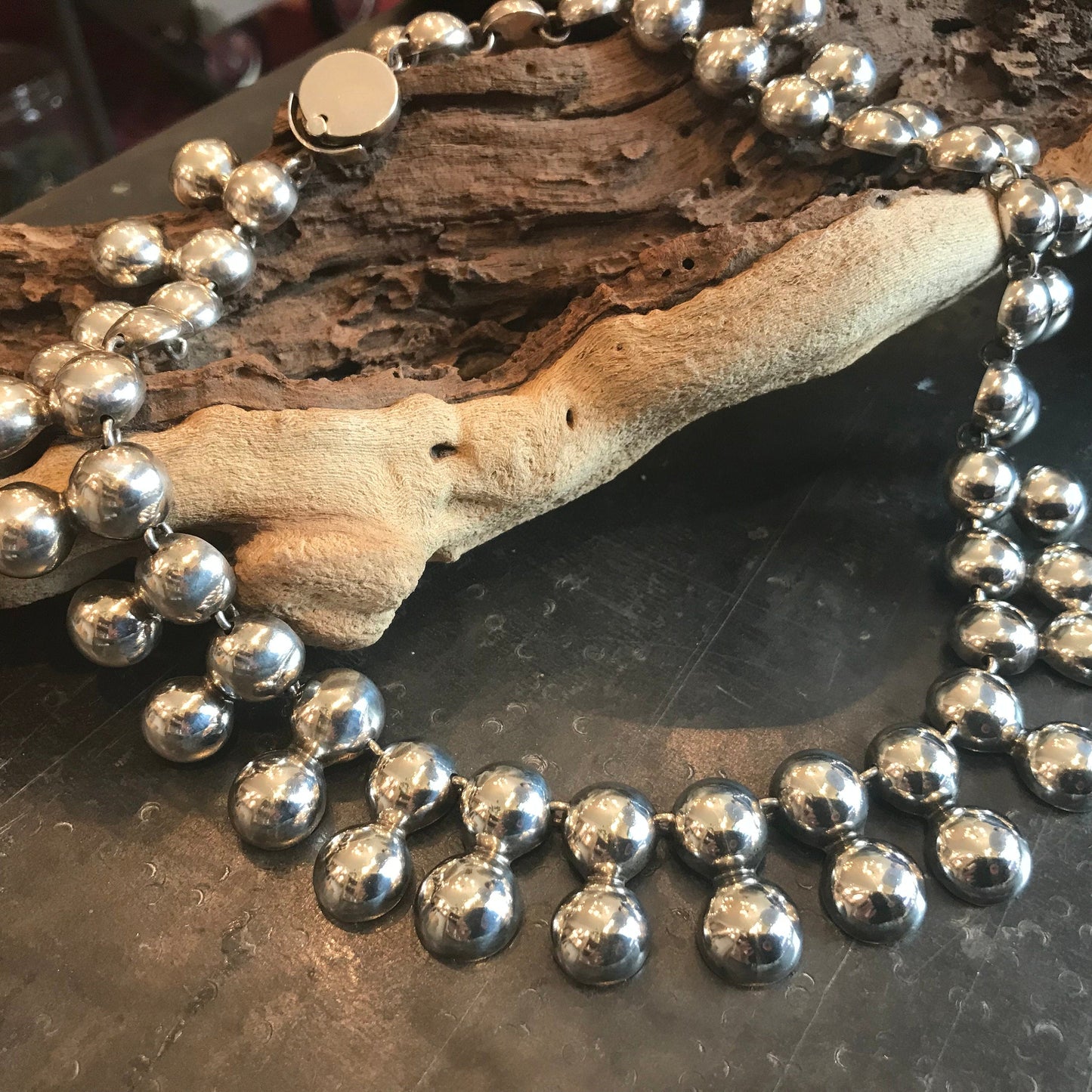 Sterling silver Repousse Ball bead Modernist Vintage necklace Colors Of Etnika