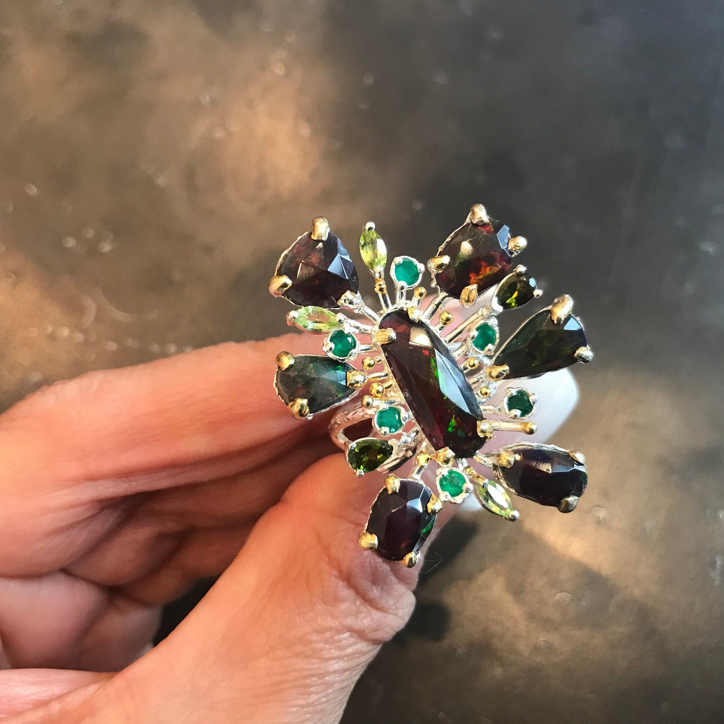 sterling silver Natural black Fire Opal onyx peridot statement ring 7 Colors Of Etnika