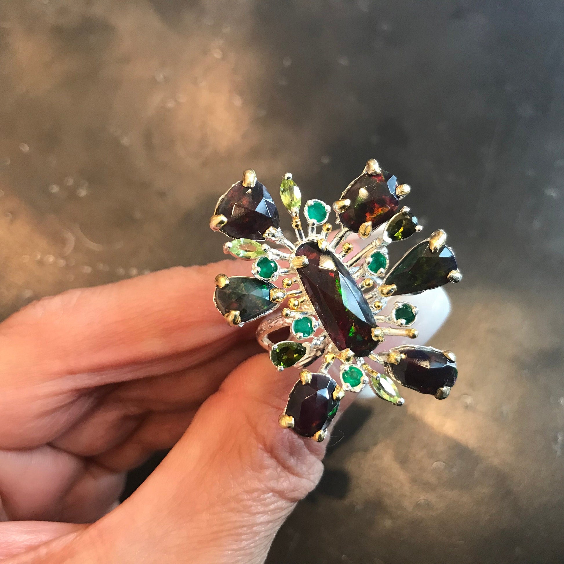 sterling silver Natural black Fire Opal onyx peridot statement ring 7 Colors Of Etnika
