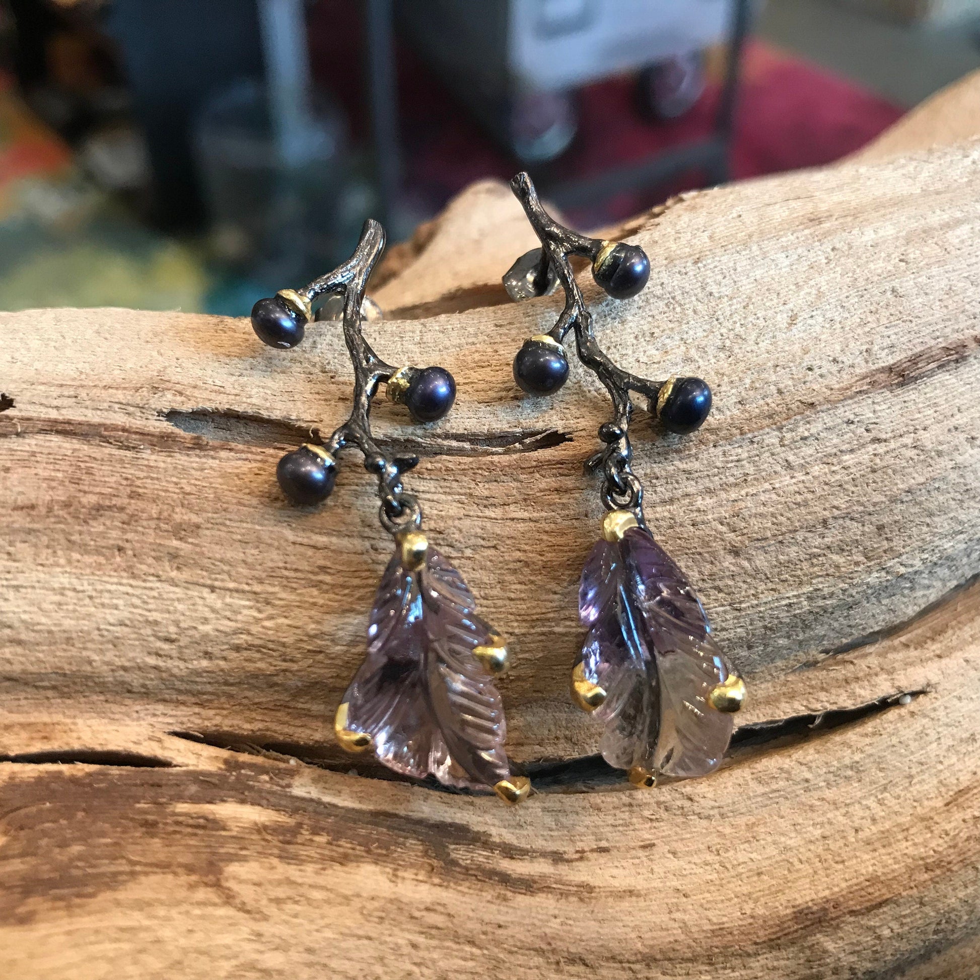Sterling silver Leaf Ametrine black  pearls Etnika  Earrings Colors Of Etnika