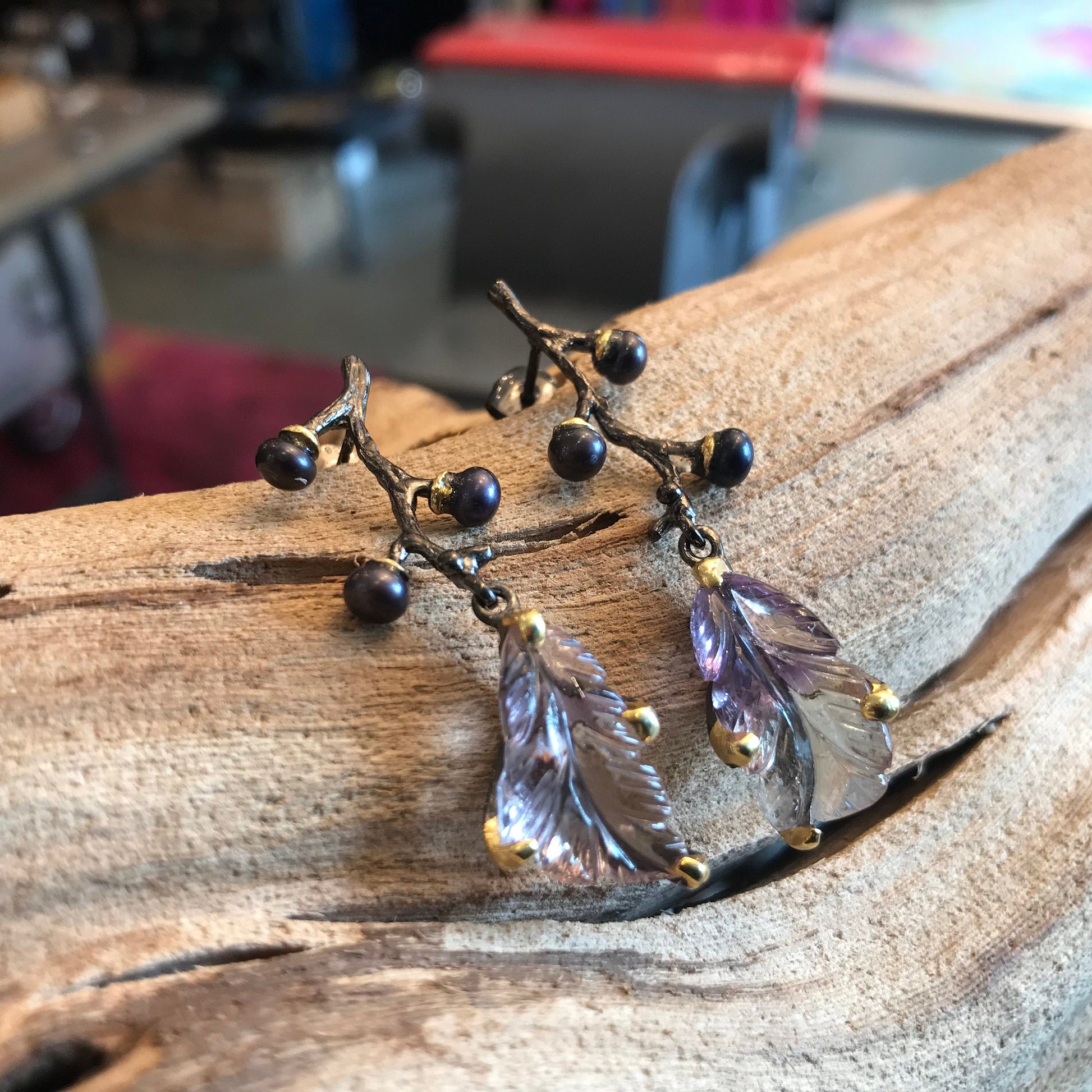 Sterling silver Leaf Ametrine black  pearls Etnika  Earrings Colors Of Etnika