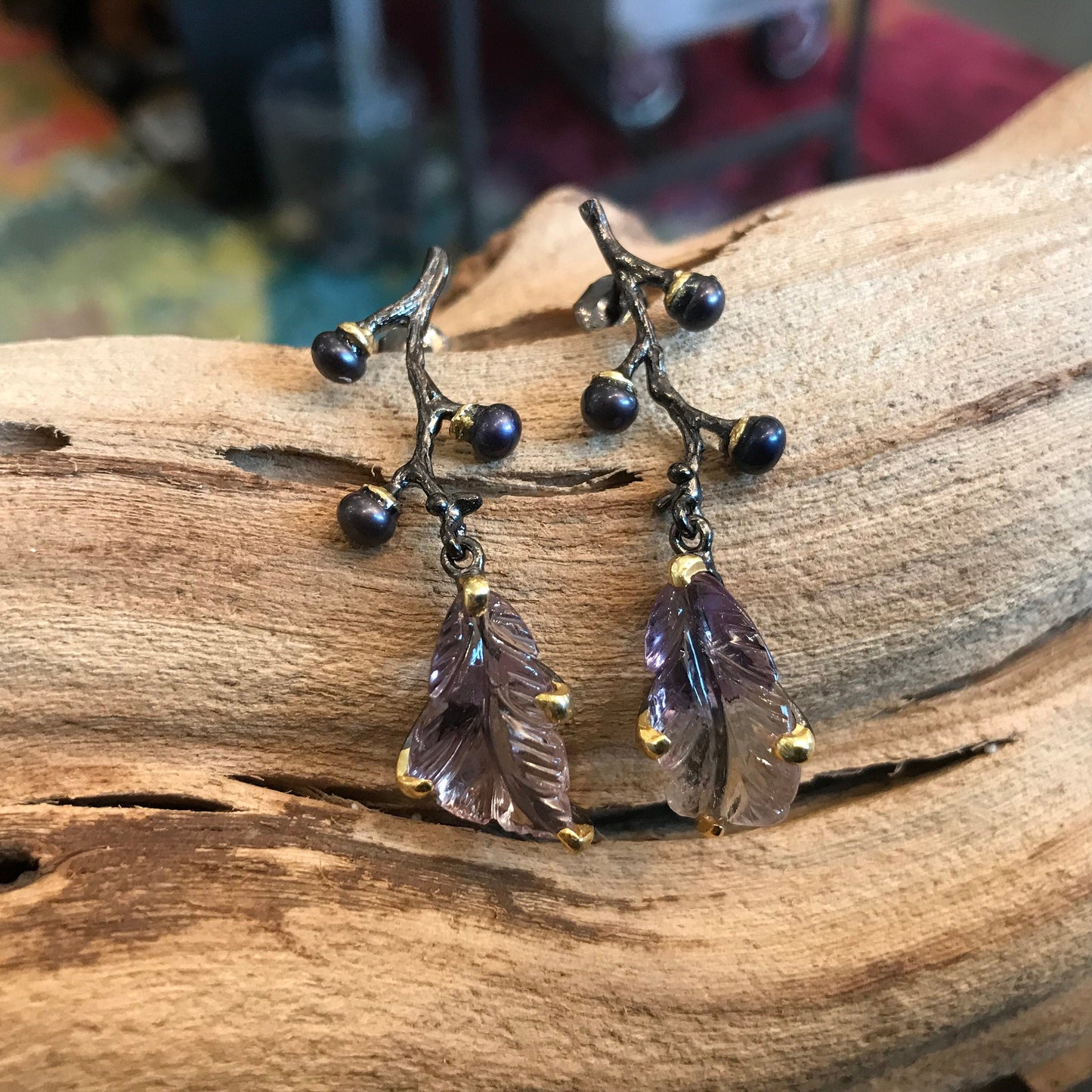 Sterling silver Leaf Ametrine black  pearls Etnika  Earrings Colors Of Etnika