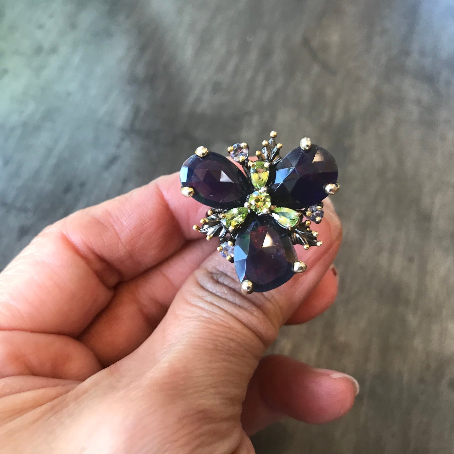 sterling silver Natural black blue Fire Opal peridot statement ring 8.5